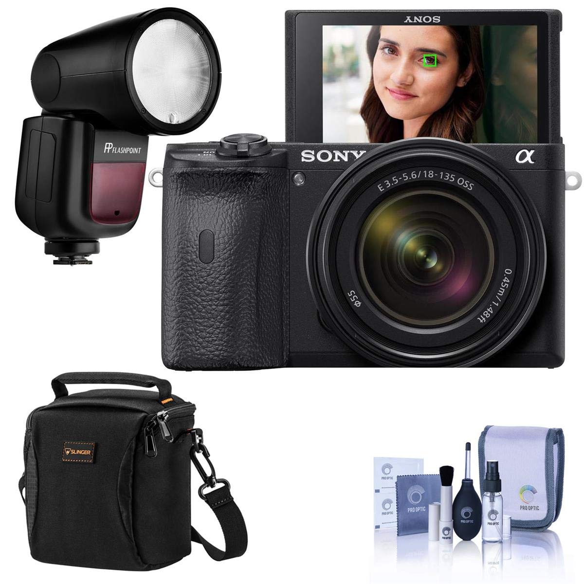 Sony Alpha a6600 Mirrorless Digital Camera with 18-135mm Lens - with Flashpoint Zoom Li-on X R2 TTL On-Camera Round Flash Speedlight for Sony, Shoulder Bag, Cleaning Kit