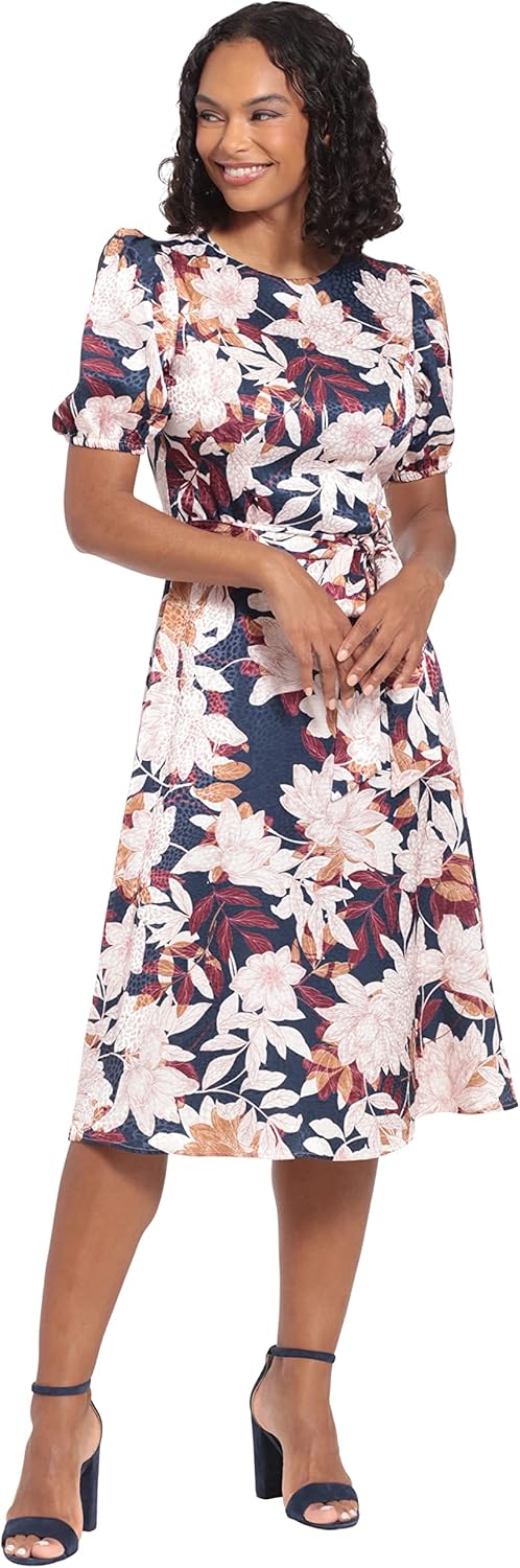 London Times Women's Puff Sleeve Satin Midi Tie Waist Office Shower Guest of Wedding