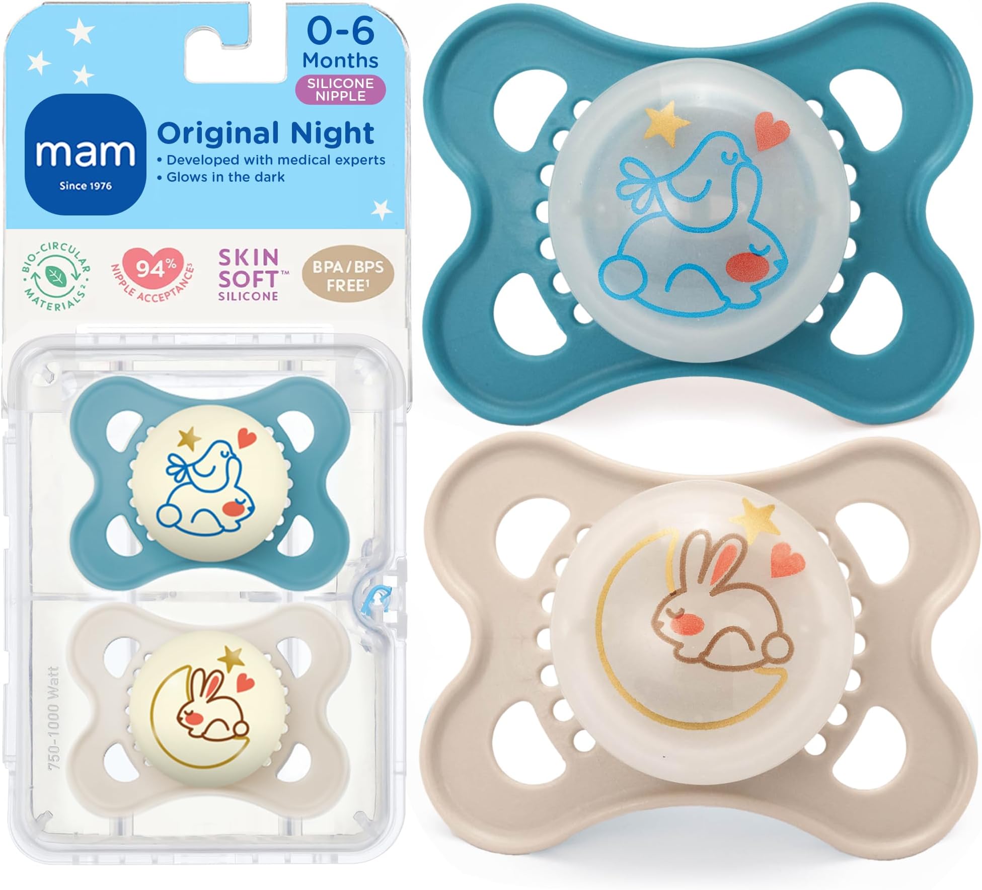 MAM Original Night Pacifiers, Binky Pacifier for 0-6 Months, BPA-Free Silicone, Glows in The Dark, Best for Newborn Babies, Developed with Medical Experts, 2 Count Binkies, with Sterilizer Case