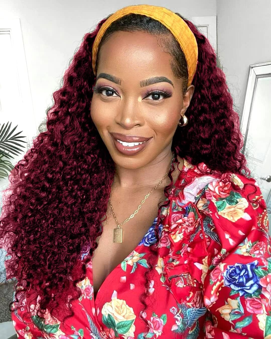 Celiarita Red Burgundy Headband Wig Human Hair Deep Wave Half Wigs for Black Women #99J Wine Glueless None Lace Front Machine Made 150% Density Deep Wave Headband Wigs Human Hair 22 Inch