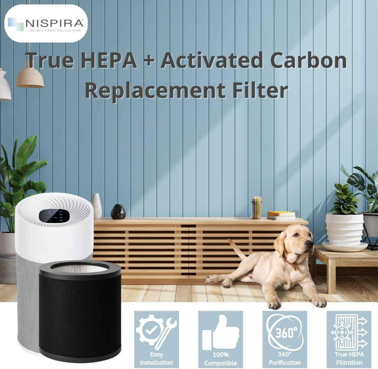 Nispira TT-AP008 AP008 Replacement Filter for TaoTronics & Gukify AP008 Air Purifier 2-in-1 HEPA Activated Carbon Removes Smoke Odor VOCs, 1 Pack