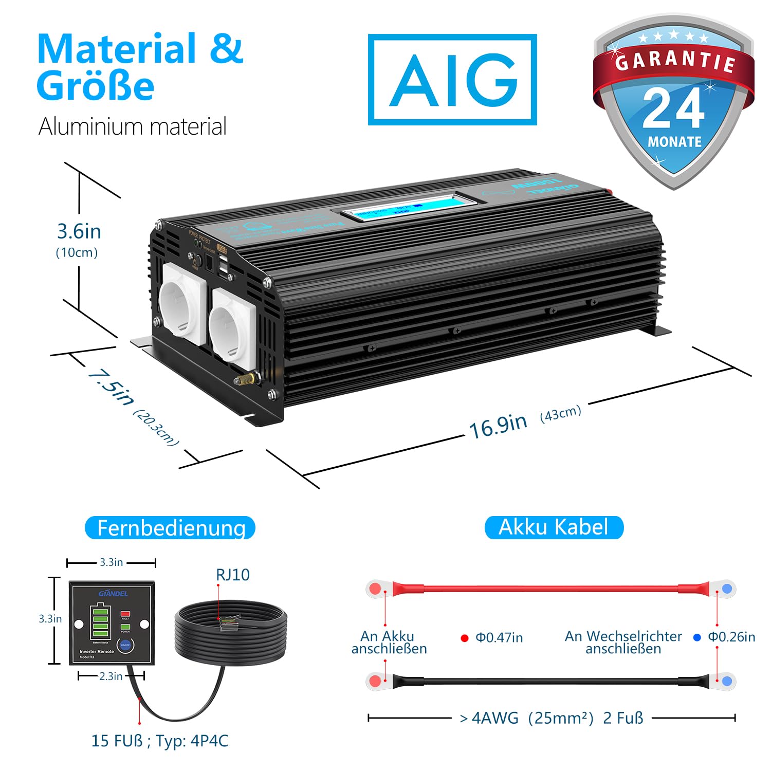 Giandel Power Inverter 1500W Onda Sinusoidale Pura Convertitore DC 12V a AC 220V 230V con telecomando & LCD Display e 2 Porte USB per auto,caravan camper