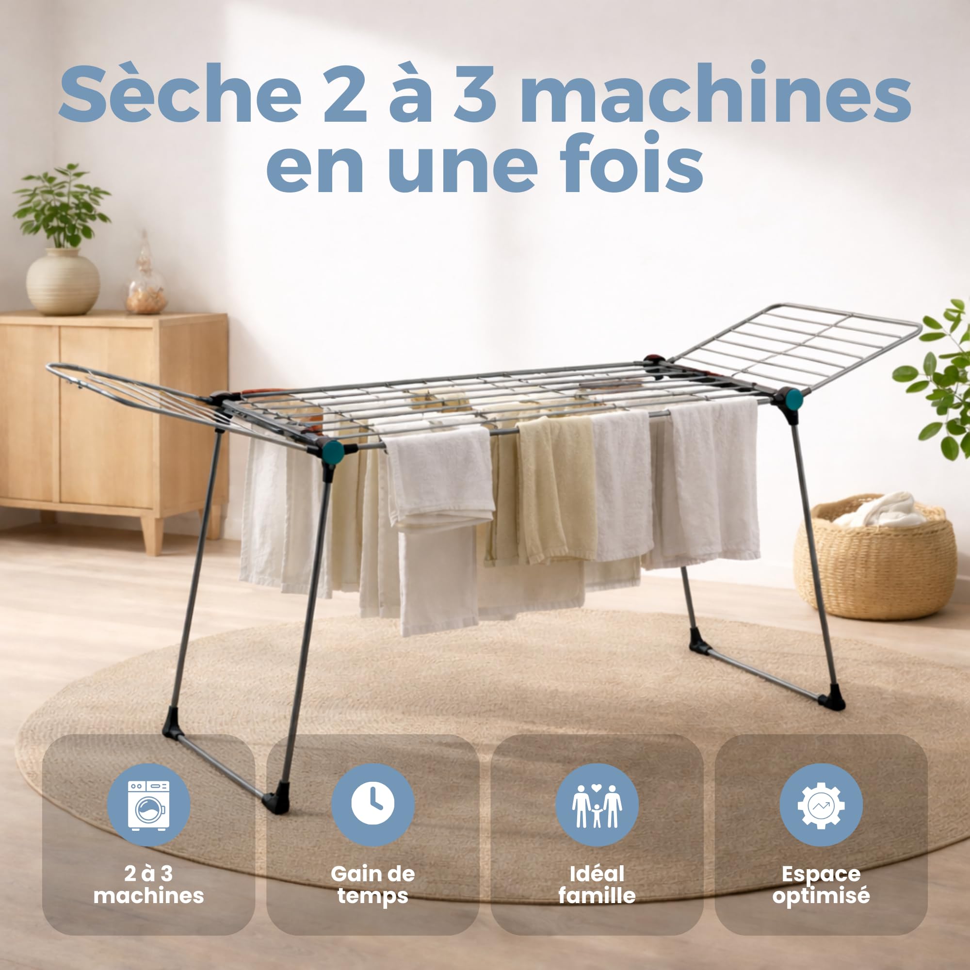 MELTA.® Dynamik 25 – Étendoir à Linge Extensible avec Partie Centrale Télescopique, 25 m de Séchage, Ailes Hautes, Structure Stable en Acier, avec roulettes, Gris et Vert
