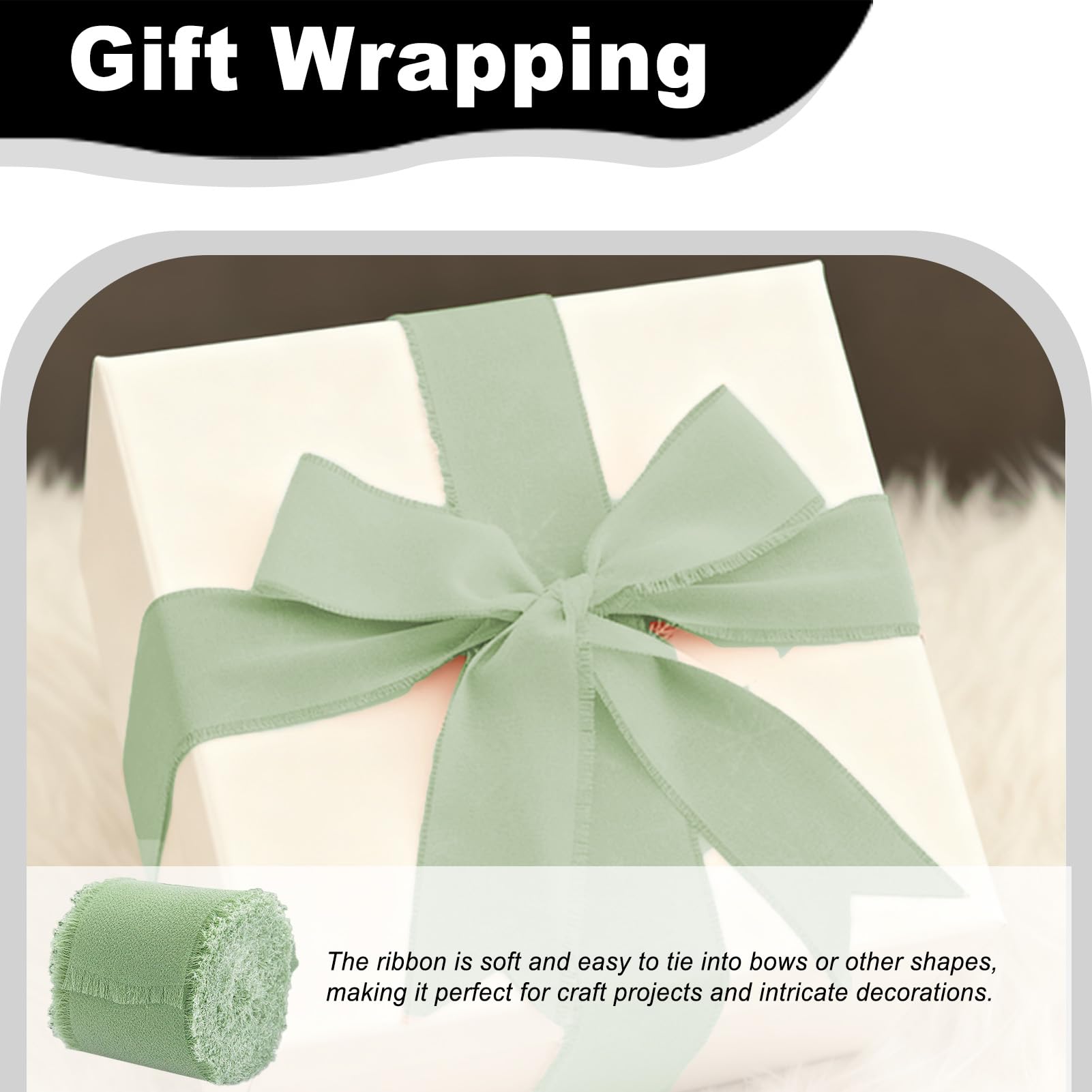 2.5 cm Nastro Chiffon Verde Salvia,6.4 m Nastro Verde Chiaro,3 Rotoli Nastro Verde in Chiffon,Nastro Decorativo con Frange per Feste di Compleanno,Inviti di Nozze,Confezione Regali,Bouquet da Sposa