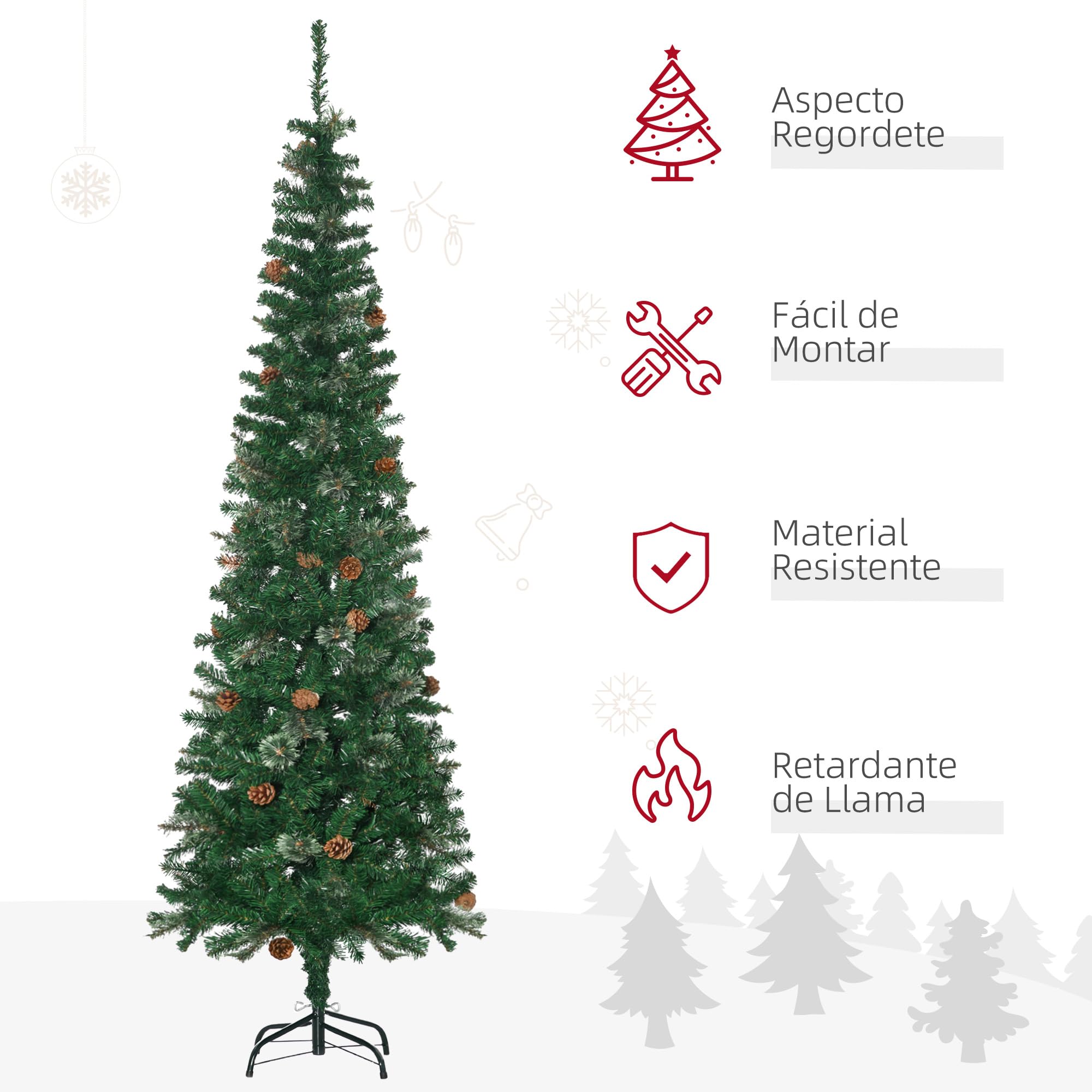 HOMCOM Árbol de Navidad Grande 195 cm Árbol de Navideño de 556 Ramas Árbol de Navidad Estrecho Forma de Lápiz con 25 Piñas Base Plegable Verde