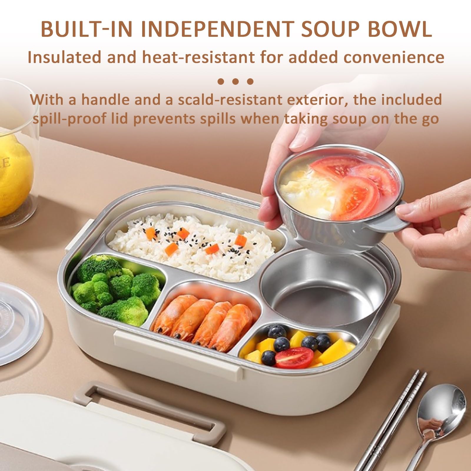 MRKU Fiambrera multicompartimento, Bento a Prueba de Fugas, Bolsa isotérmica con múltiples Compartimentos Que Incluyen tazón de Sopa y Cubiertos, Adecuada para IR al Trabajo o a la Escuela.