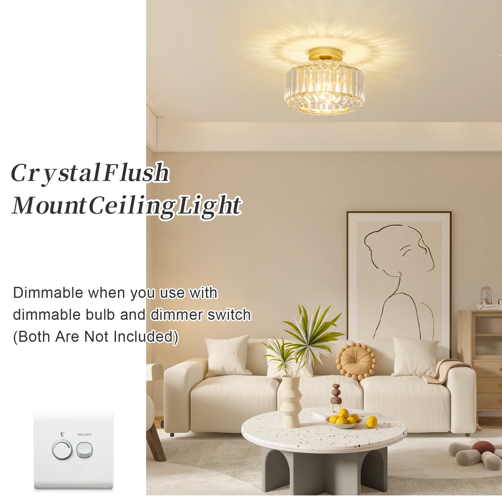 Gold Deckenlampe Wohnzimmer, Kristall Deckenleuchte Wohnzimmer, Deckenlampe Schlafzimmer mit Glas Lampenschirm, Gold Kronleuchter, Modern Kristall Kronleuchter für Esszimmer Flur Küche