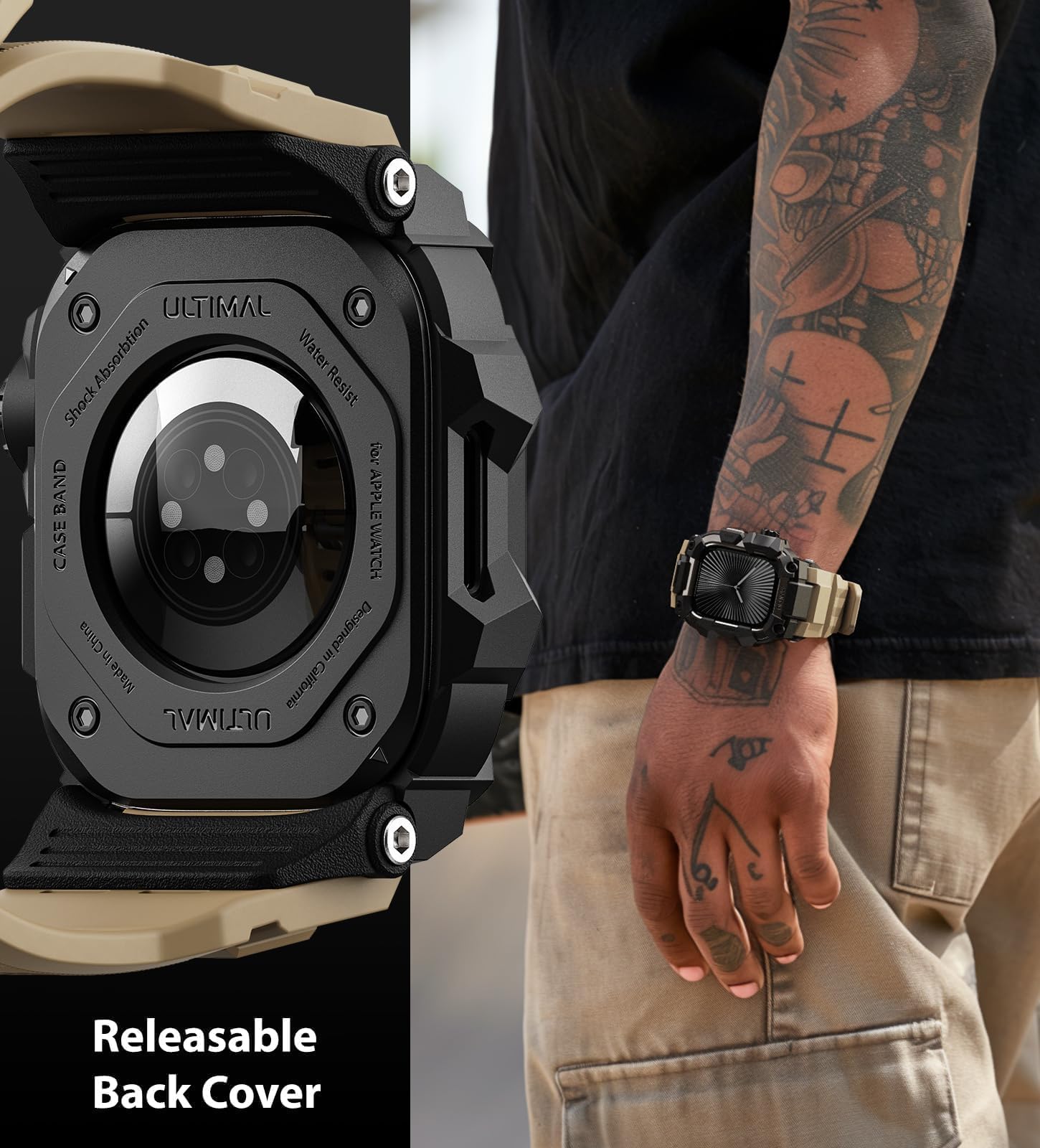 ULTIMAL Custodia robusta con cinturino per Apple Watch da 46 mm, compatibile con Apple Watch Serie 10, di grado militare, antiurto, per cinturino tattico da uomo (46 mm, giallo deserto)