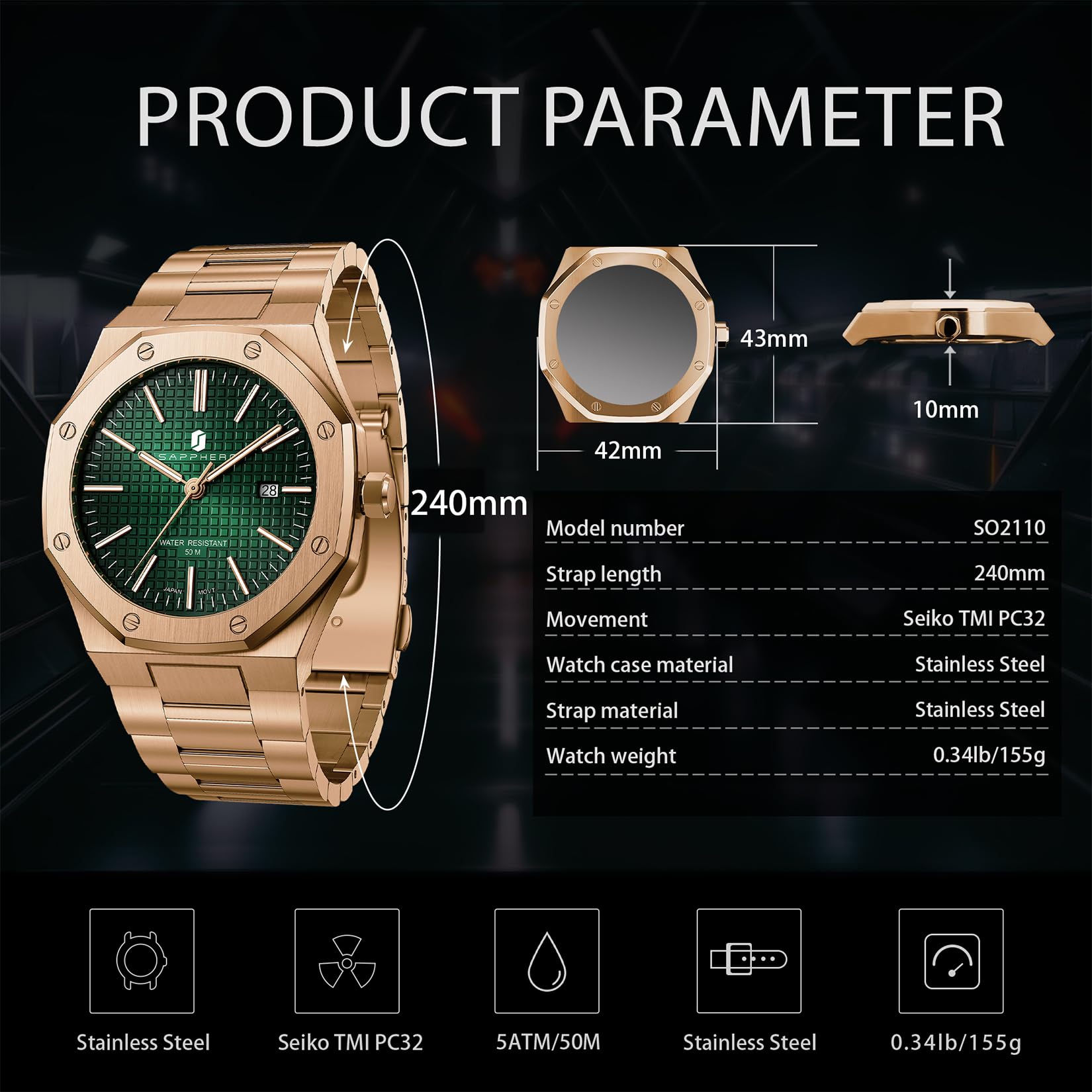 SAPPHERO Orologio da uomo impermeabile 30 m, orologio da polso da uomo, in acciaio inox, cinturino in pelle, cronografo, anti graffio, orologio da uomo, analogico, al quarzo, business, casual, con
