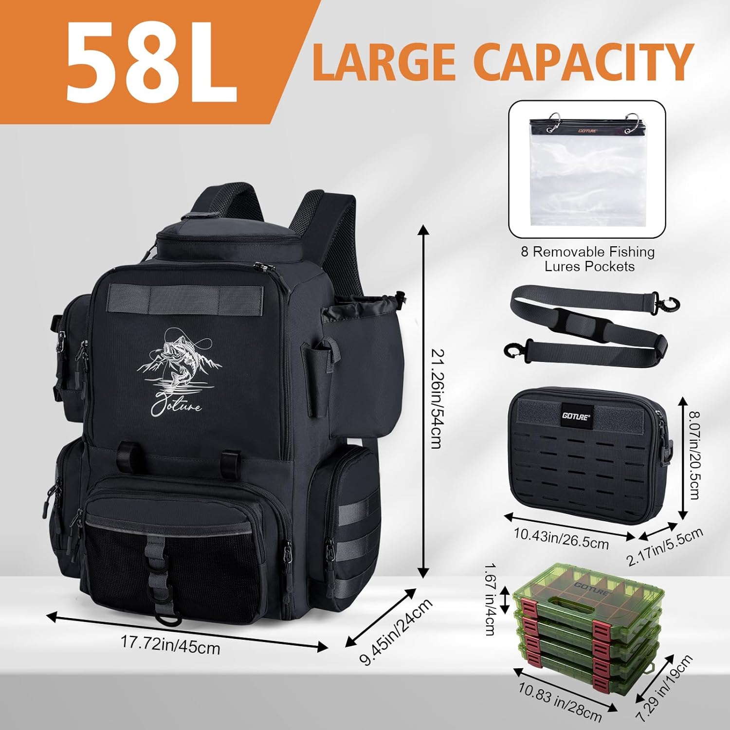Goture Fishing Backpack with 4 Tackle Boxes, 900D Water-Resistant Tackle Backpack with Rod Holders, 58L Large Storage Gear Fishing Bag with Detachable Crossbody Bag, 8 Lure Pockets for Camping Hiking