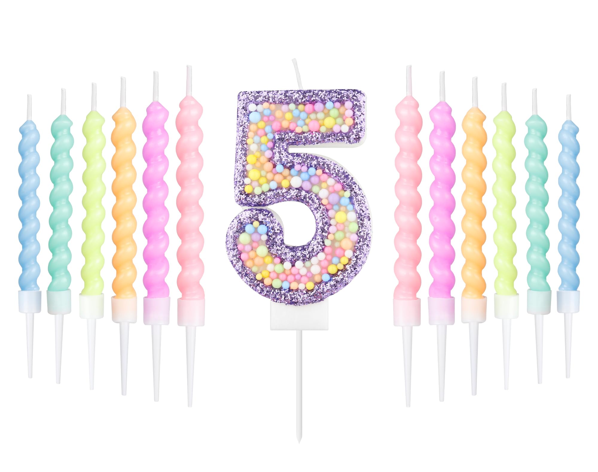 Purple Macaron 5th Birthday Candle with 12pcs Pastel Spiral Candles Set, Girls 5th Birthday Decorations Iridescent,Macaron Number 5 Candles for Cake,Kpop Themed Party Decoration,Baby Showers Supplies