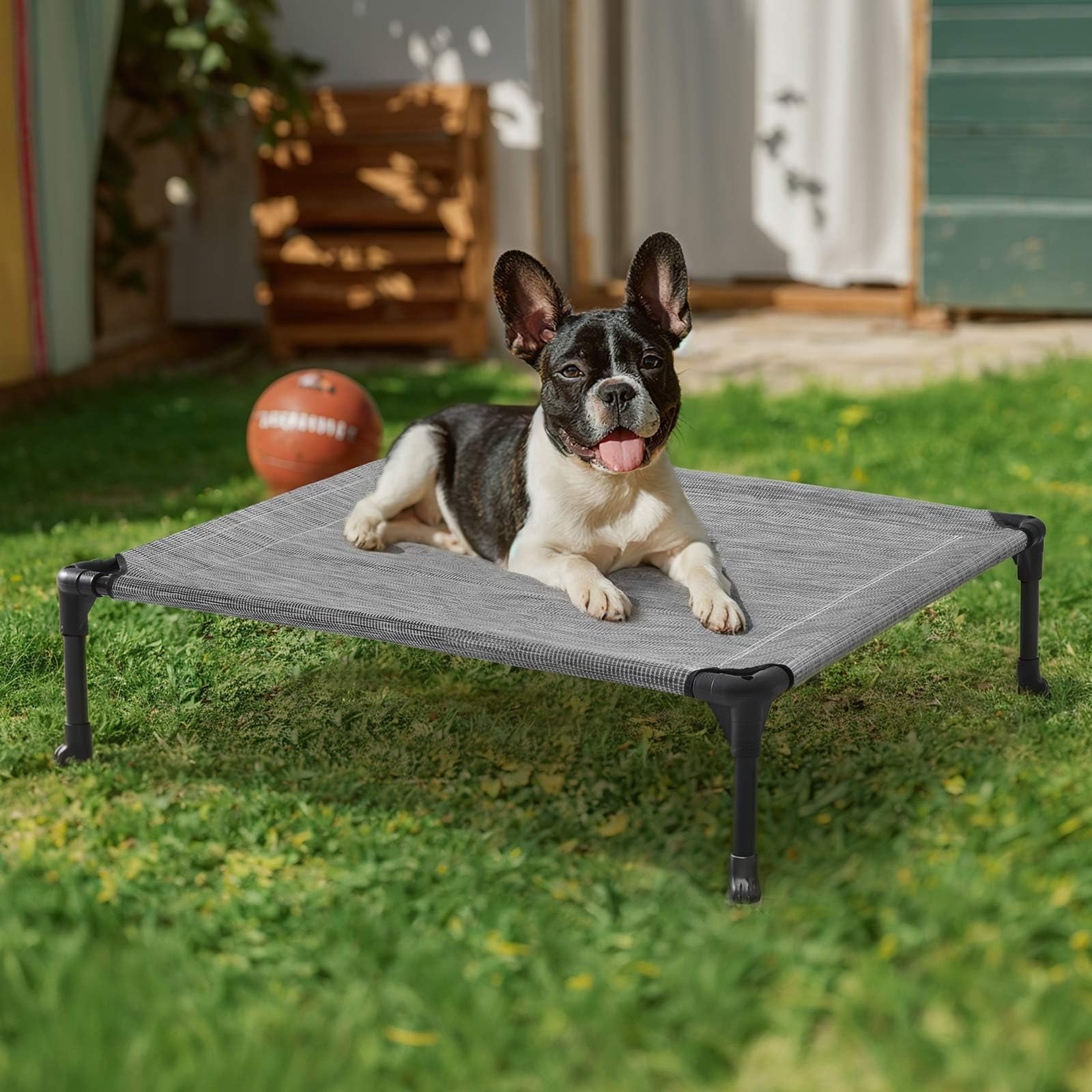 Veehoo Lit pour Chien - Lit Surélevé et Aéré pour Animal de Domestique, Tissu Textilene Rafraîchissant, M, Noir Argent