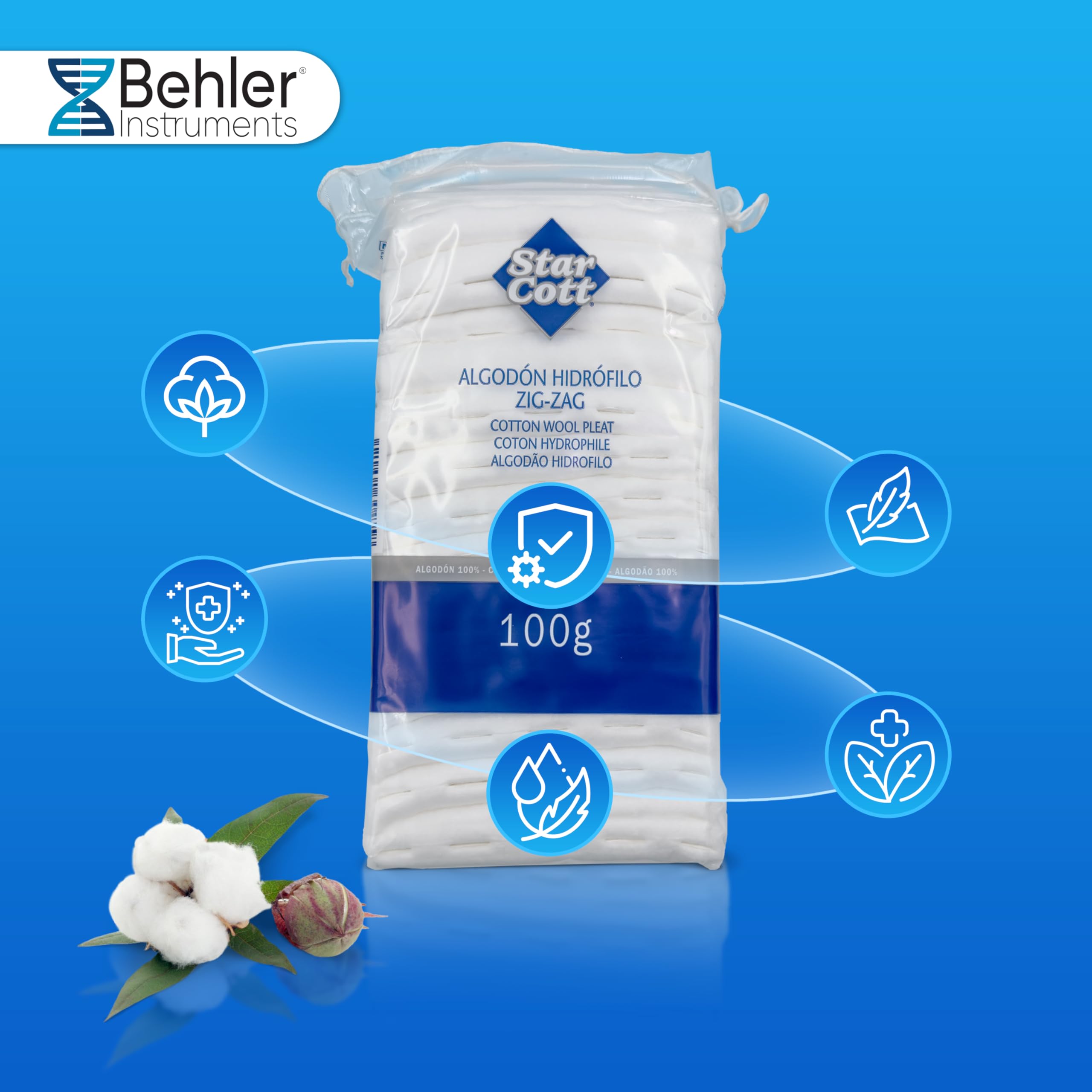 Star Cott - Algodón Hidrófilo Blanco en Zig Zag, 100 g - 100% Algodón Puro y Blanqueado sin Cloro, Ideal para Tratamiento de Heridas y Cuidado de la Piel Sensible, Seguro