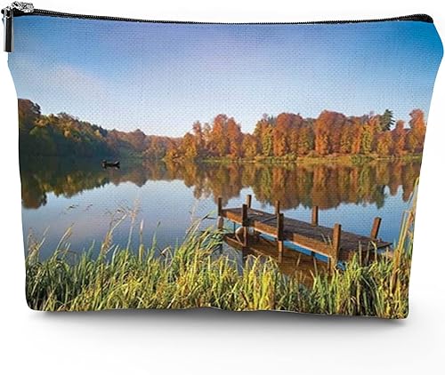jarenap Bolsa de maquillaje de lino con cremallera bolsa de maquillaje bolsa de accesorios para decoración de viaje Multicolor_19 Patrón de paisaje
