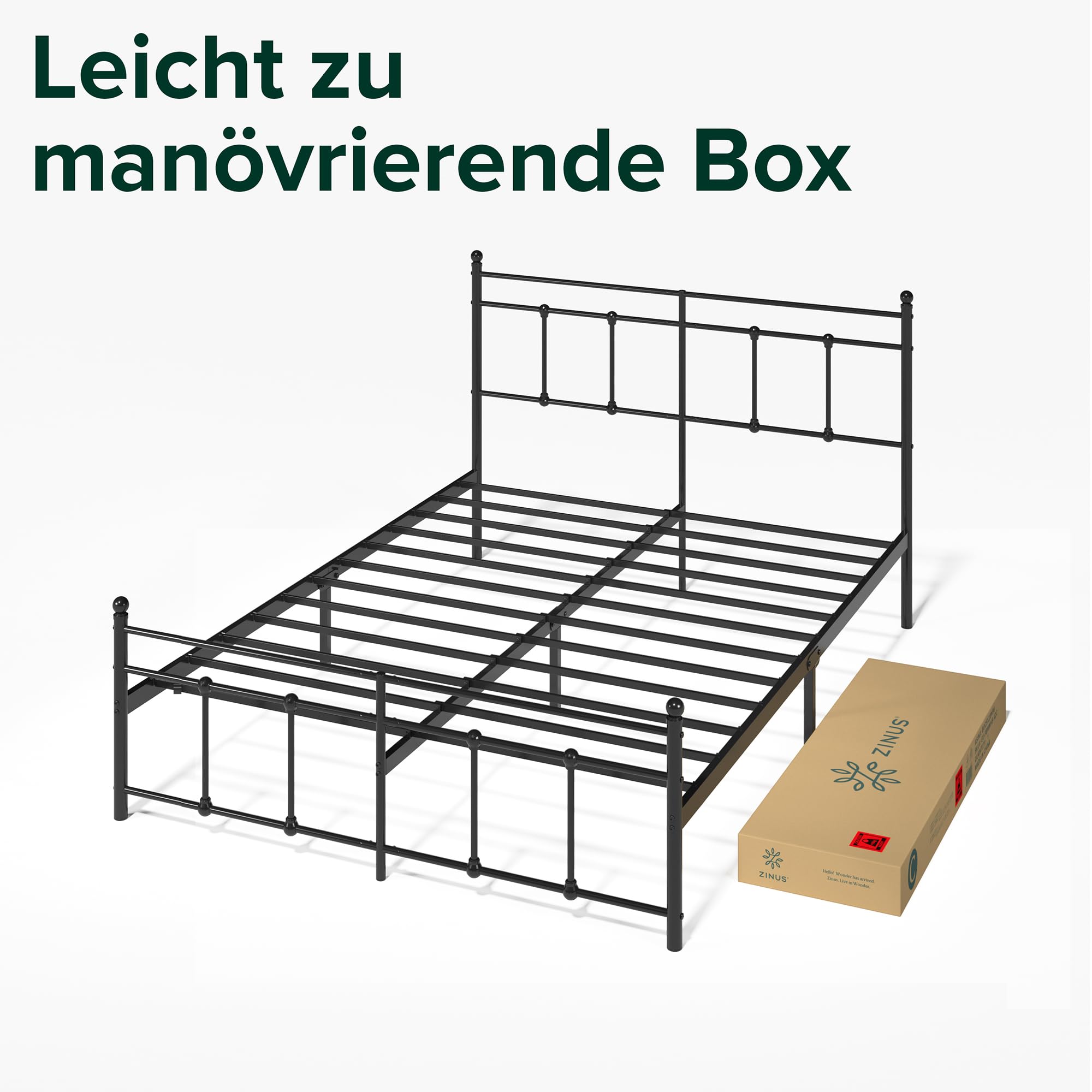 Zinus Nicholas Bett 140x200 cm - Höhe 31cm mit Stauraum unter dem Bett - Metall-Plattformbettrahmen mit Kopfteil und Fußteil - Schwarz