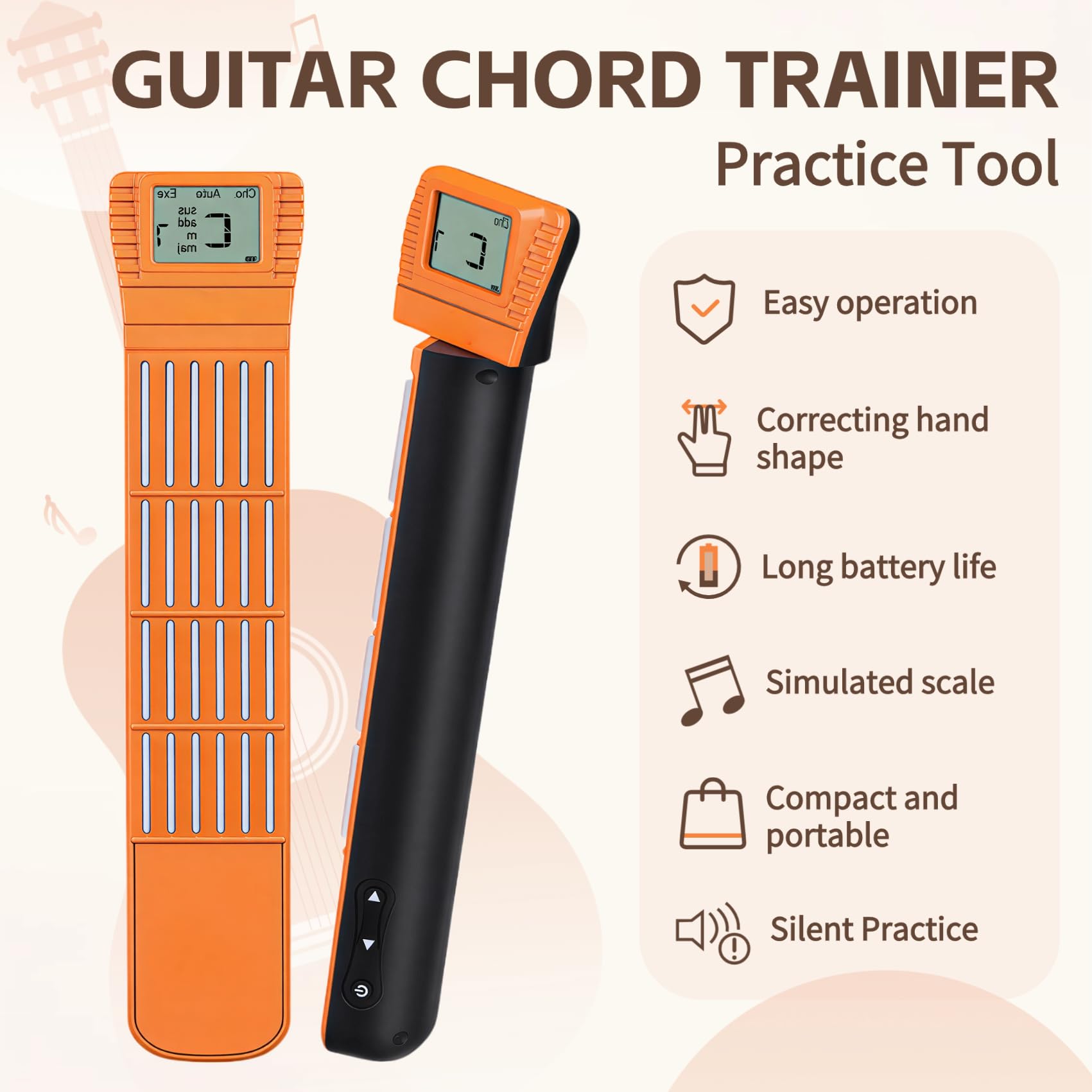Digital Guitar Chord Trainer, tragbare 6-Bund-Gitarre Training Tool mit rotierenden Chart-Bildschirm, Anfänger Praxis Tool mit Akkord Chart Metronom, SCT-80 (Orange verbesserte Version)