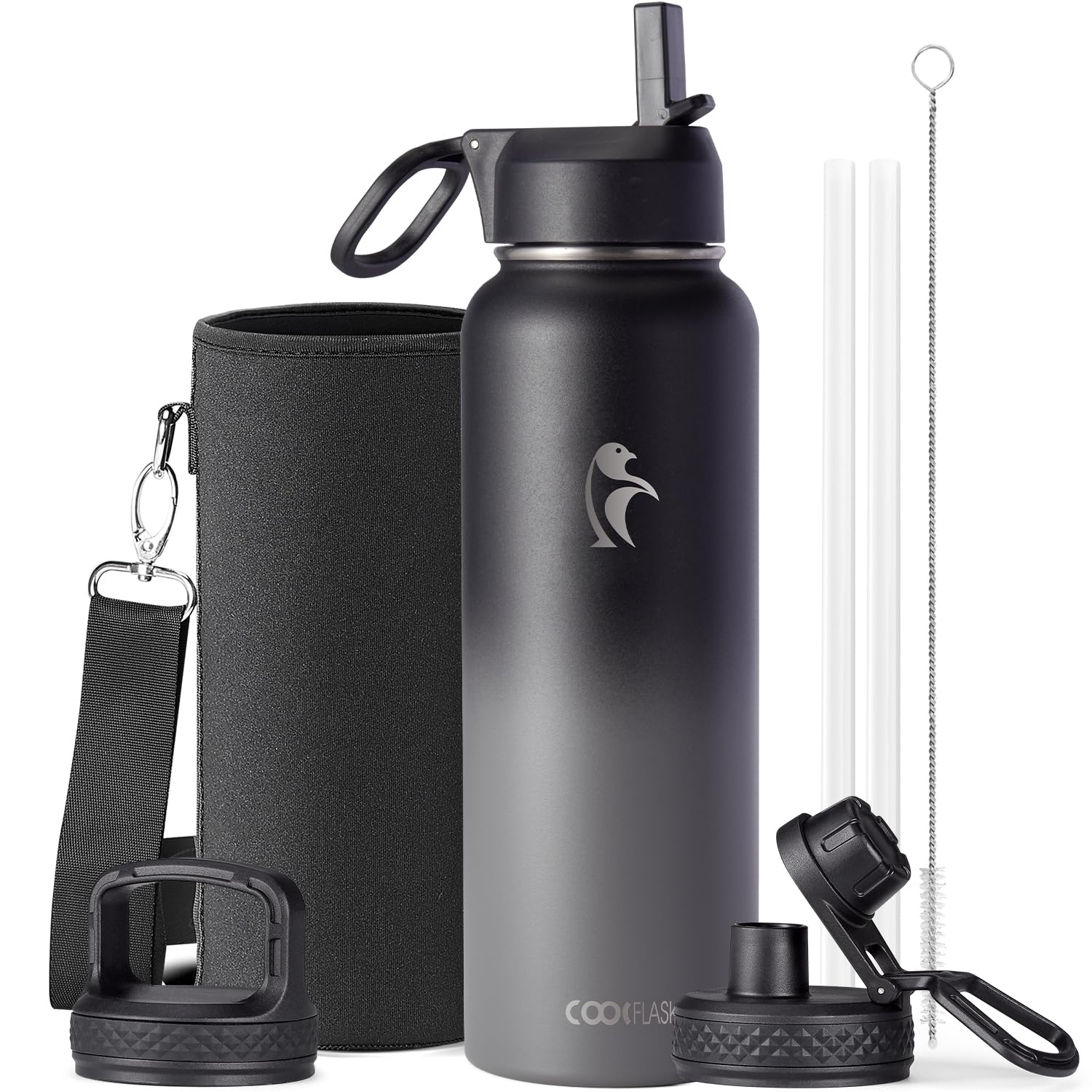 Water Bottle 40 oz Insulated with Straw&Brush, Coolflask Vaccum Stainless Steel Metal 3 Lids Water Flask for Sports, Gym or Office, Keep Cold 48H Hot 24H, Piano Night โ image 1