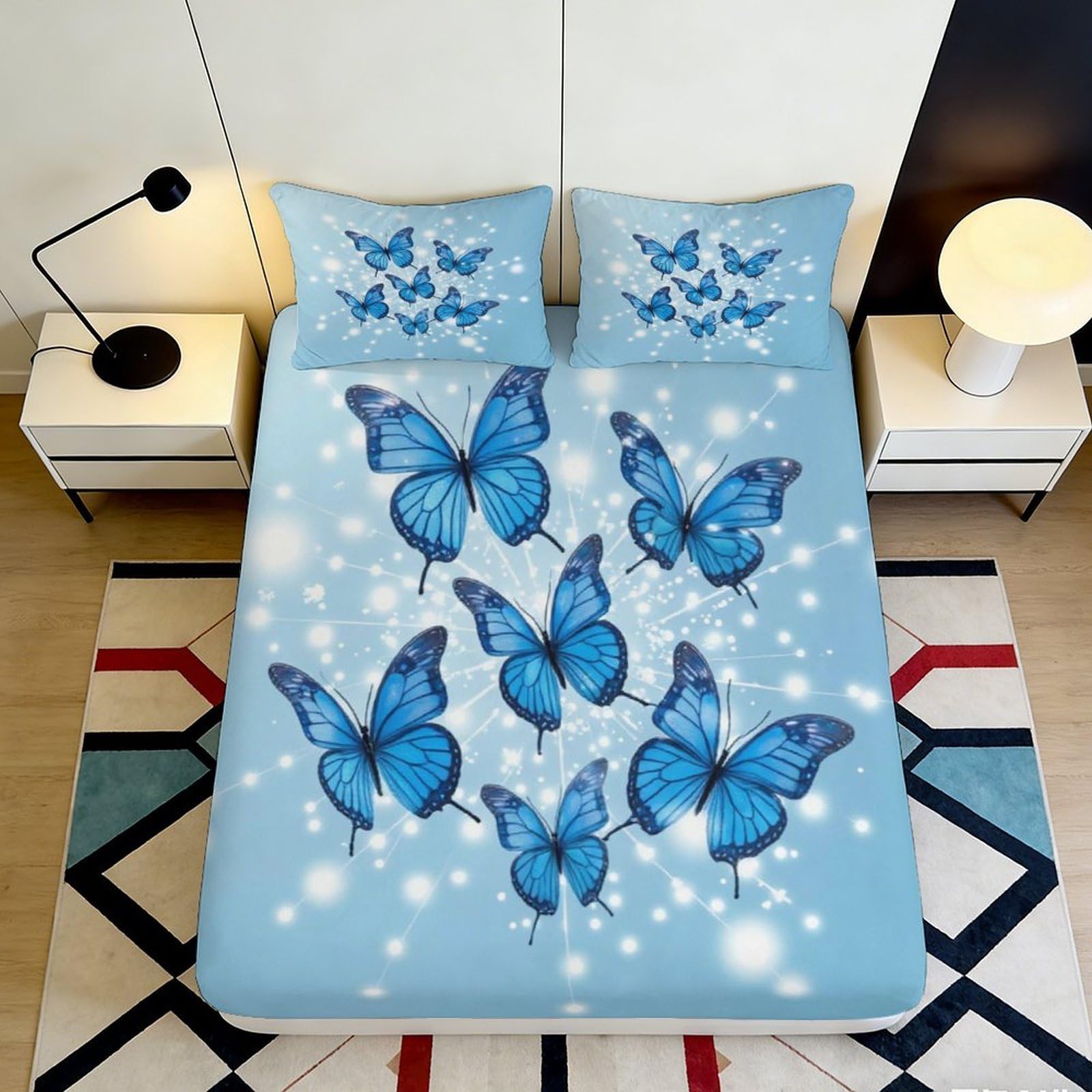 3D Printed Blue Butterfly Fitted Sheet Microfiber Soft Breathable Sparkling Light Bed Cover for Bedroom Dormitory Guest Room Mattress Protection Decor 200x200x25cm