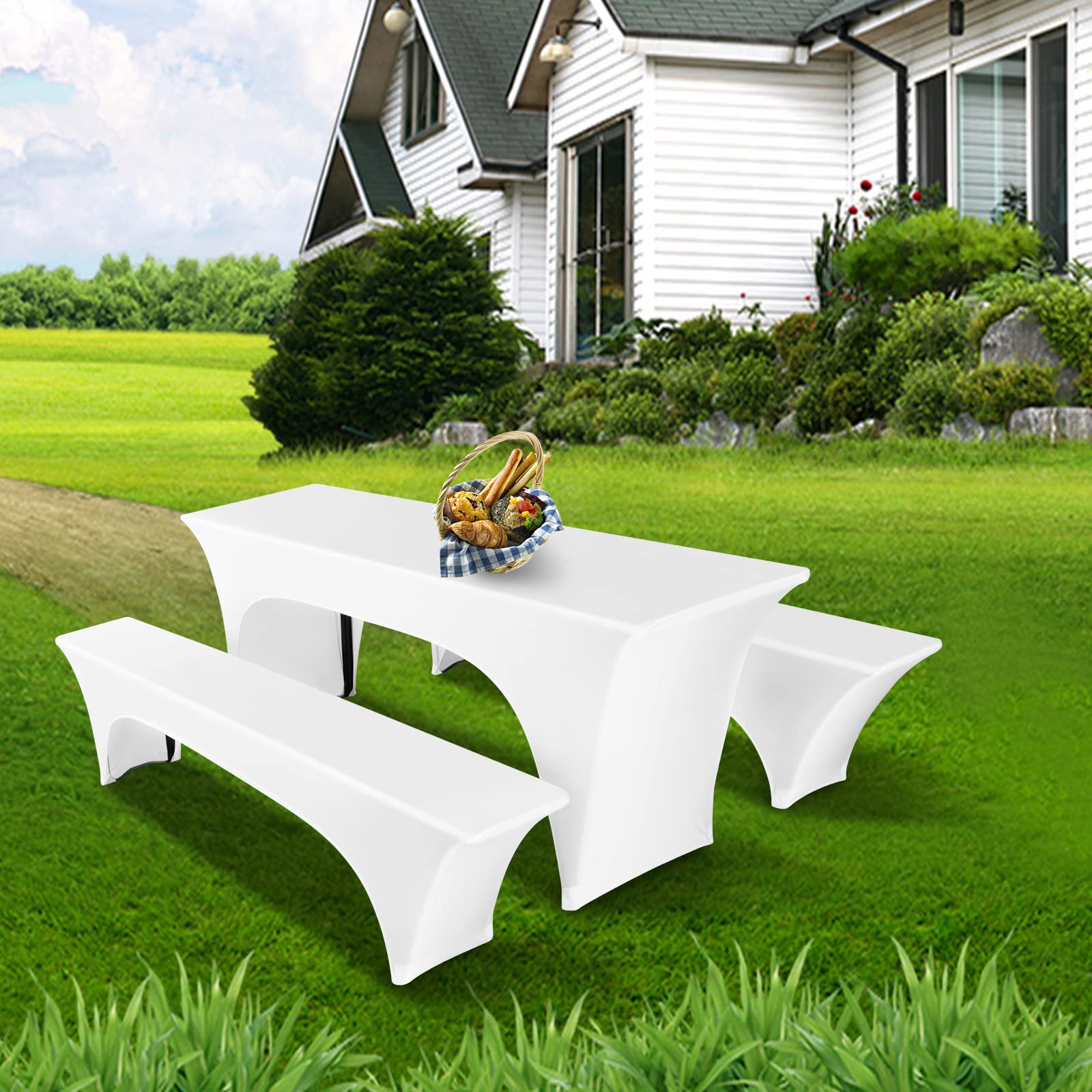 Pesonlook Zwei 3er-Sets Biertischhusse, Weiß Stretch Biertisch und Bankgarnitur Husse für 50 cm Tischbreite, Bierbankhusse, Bierzeltgarnitur 220 x 50 x 80 cm für Bankett Gartenmöbel