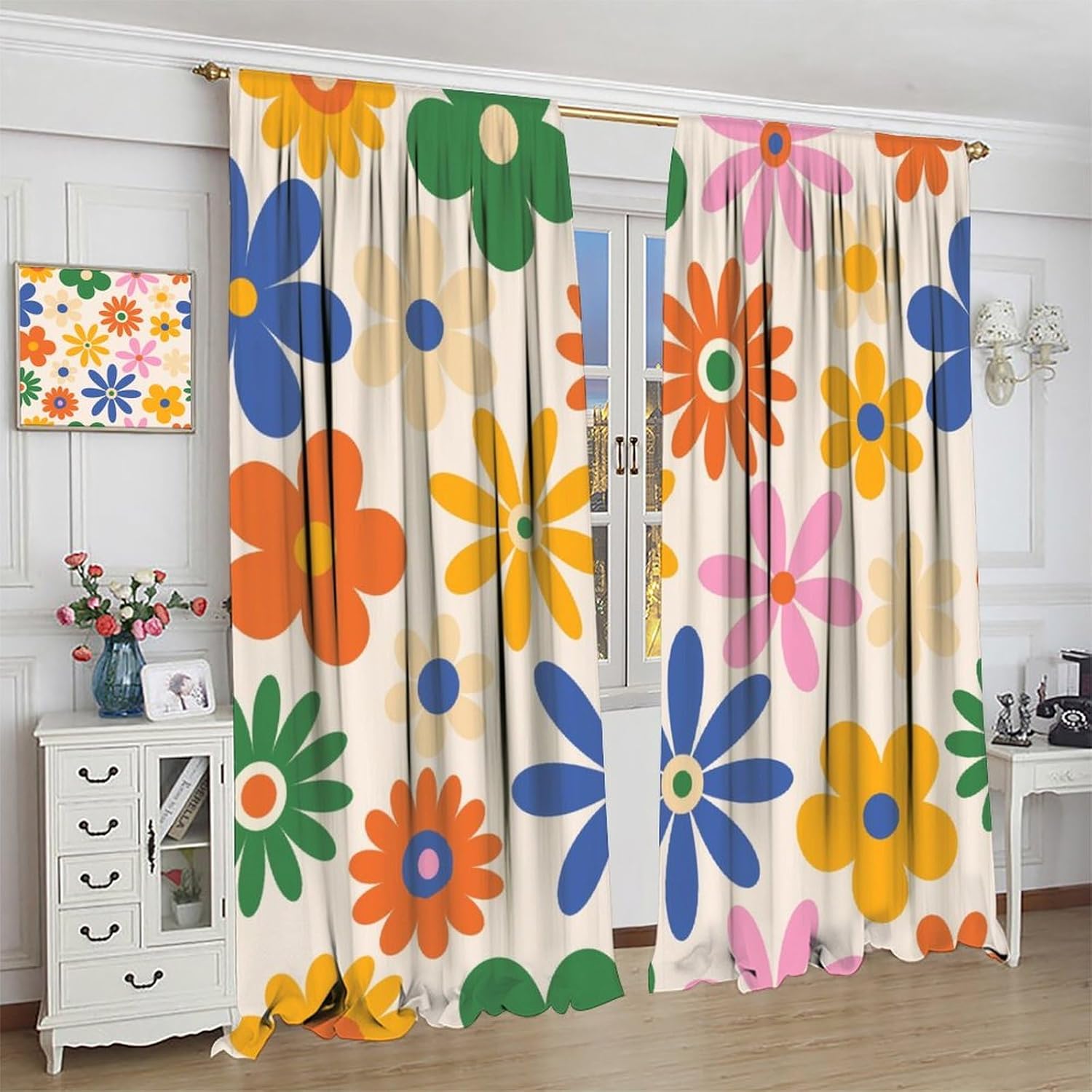 Retro 70s Groovy Floral Curtains Vintage Hippie Colorful Daisy Flowers Pattern Blackout Print Rod Pocket Window Drapes for Bedroom Living Room 42x54in