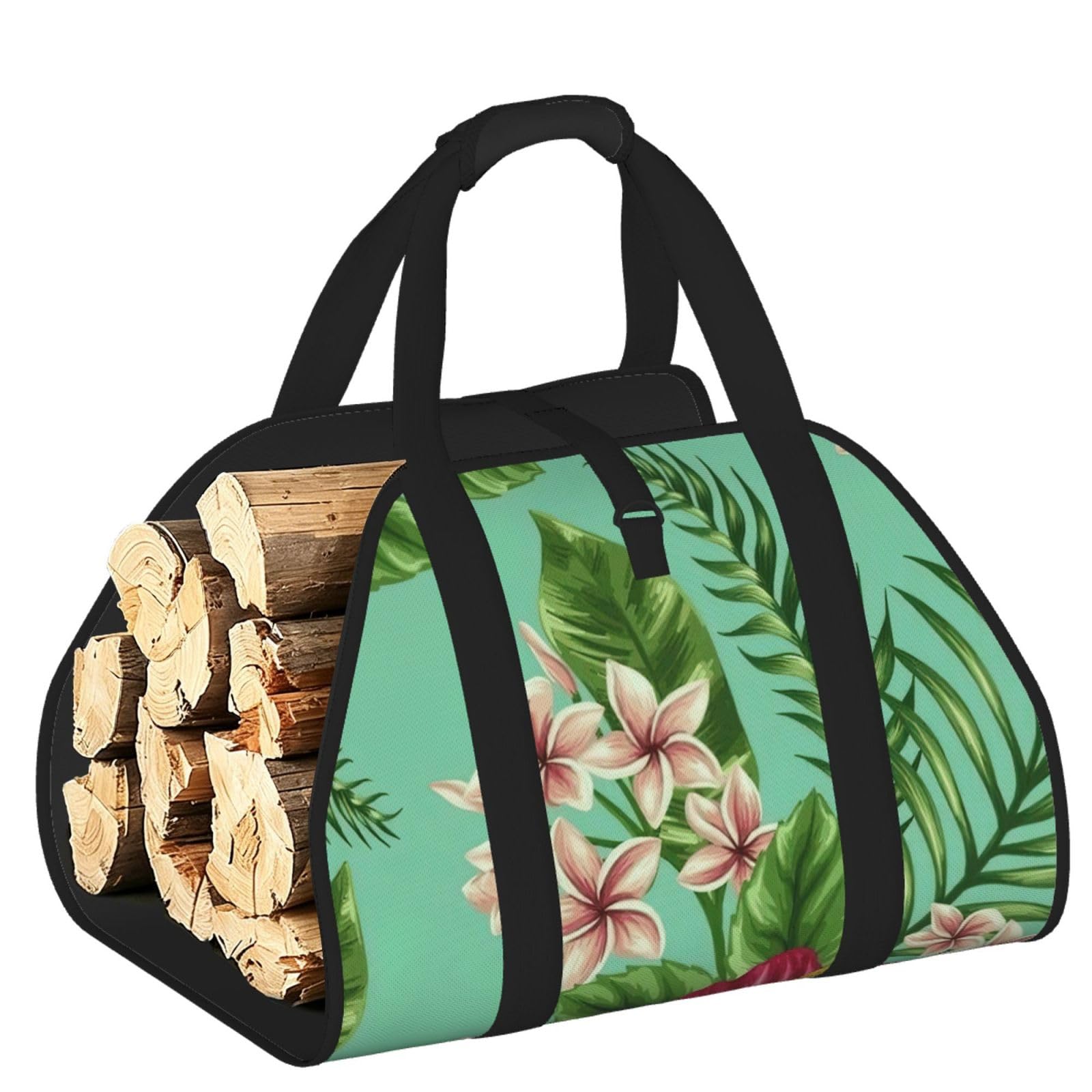 Pphgut Black Hawaiian Tropical Leaves Flowers Print Firewood Bag Wood Carrier Transport Sack Camping Picnic Storage Daily Home