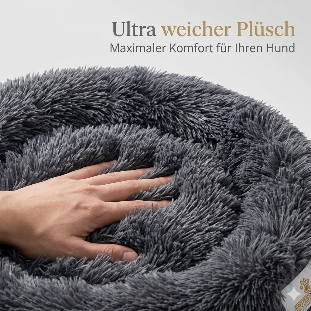 pfoten&nasen® Wolke 7 Hundebett L (85cm, Braun/Weiß) – Flauschiges Donut-Hundekörbchen für mittelgroße Hunde, rundes Hundekissen mit Wendekissen, Abnehmbarer Bezug, waschbar, rutschhemmend