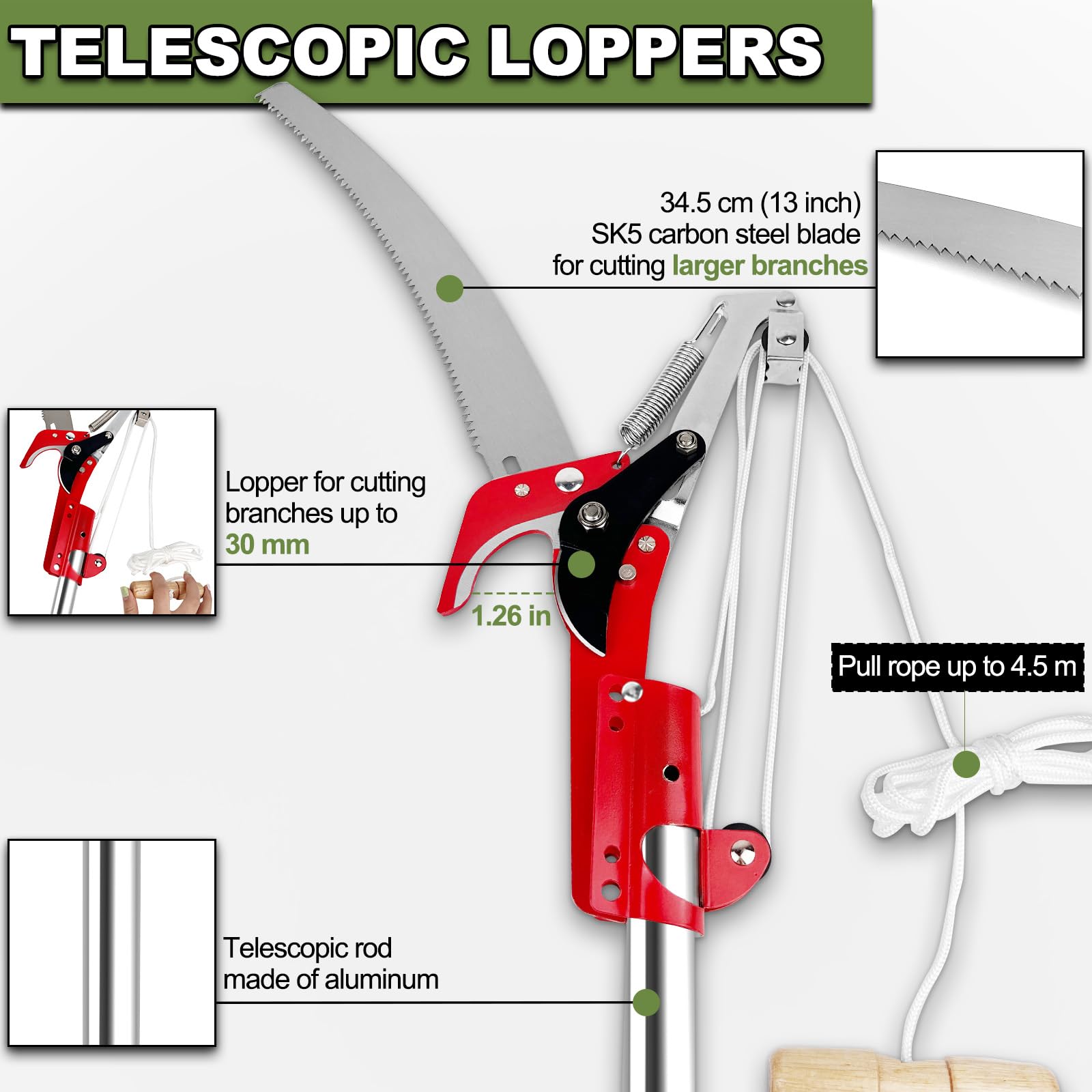 4BAOHUI Podadora telescópica de largo alcance, 82 a 448 cm, sierra de 33 cm, mango extensible de acero de aleación, podadora de árboles y arbustos