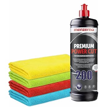 GRP Polish Set Menzerna Premium Power Cut 200 1L Gelcoat Boat Polish + 4 x Polishing Cloths For Excellent Results in the Preparation of Boat Caravan Caravan Motorhome