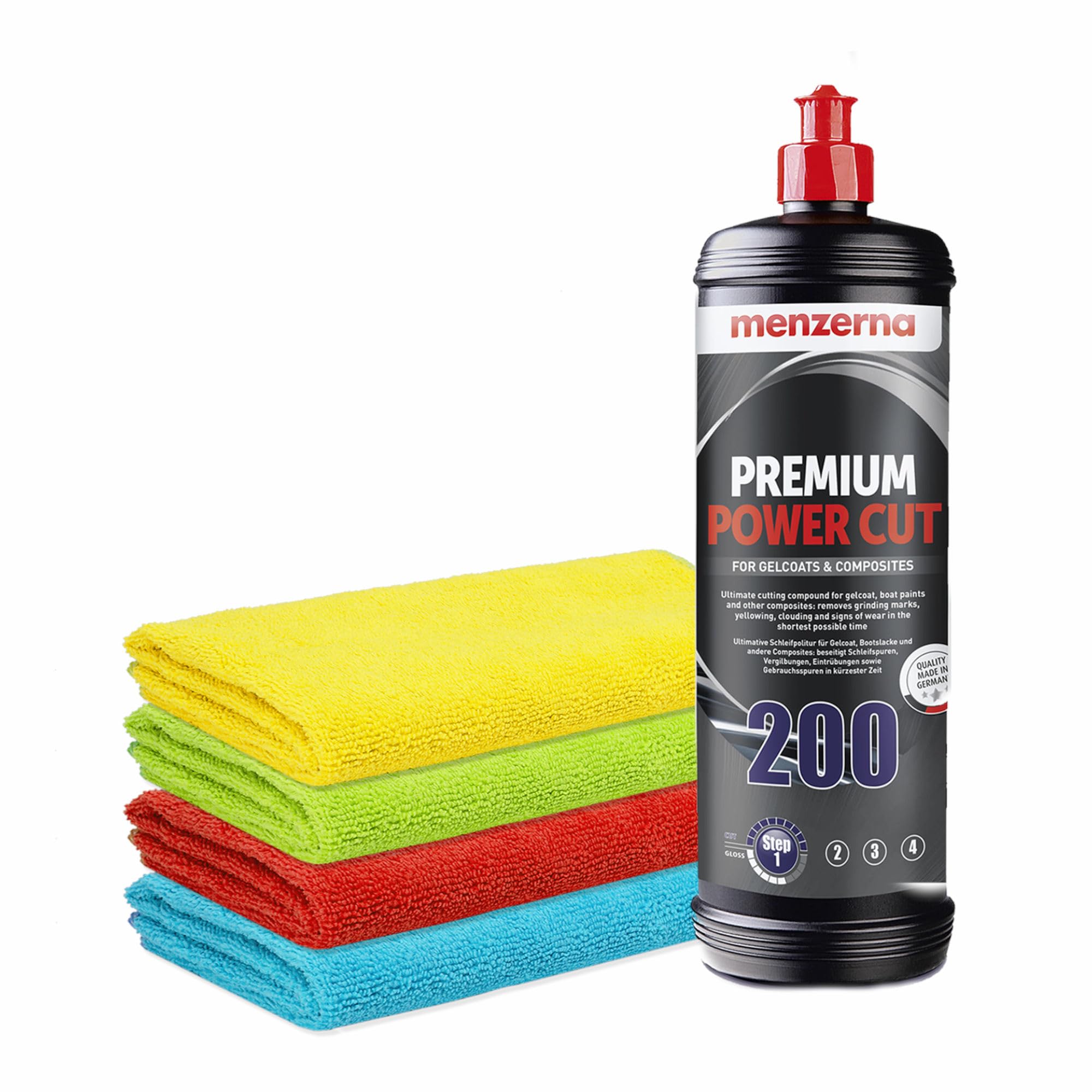 Juego de abrillantador Menzerna Premium Power Cut 200 1 L Gelcoat Barcos + 4 paños de pulido | Para excelentes resultados en el tratamiento de barcos, caravanas, caravanas y autocaravanas