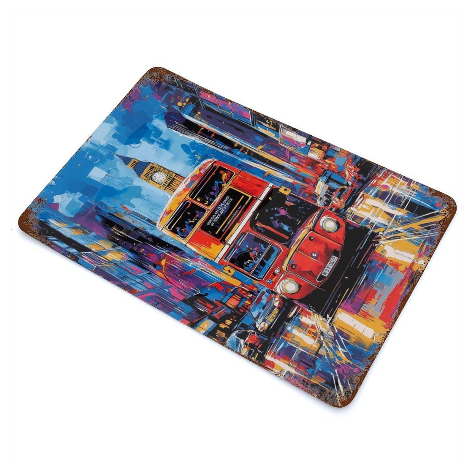 Garage Style Pop Art London Bus with Big Ben Backdrop Distressed Metal Wall Sign 11.8"x7.9", Novelty Wall Decor for Bar And Workshop