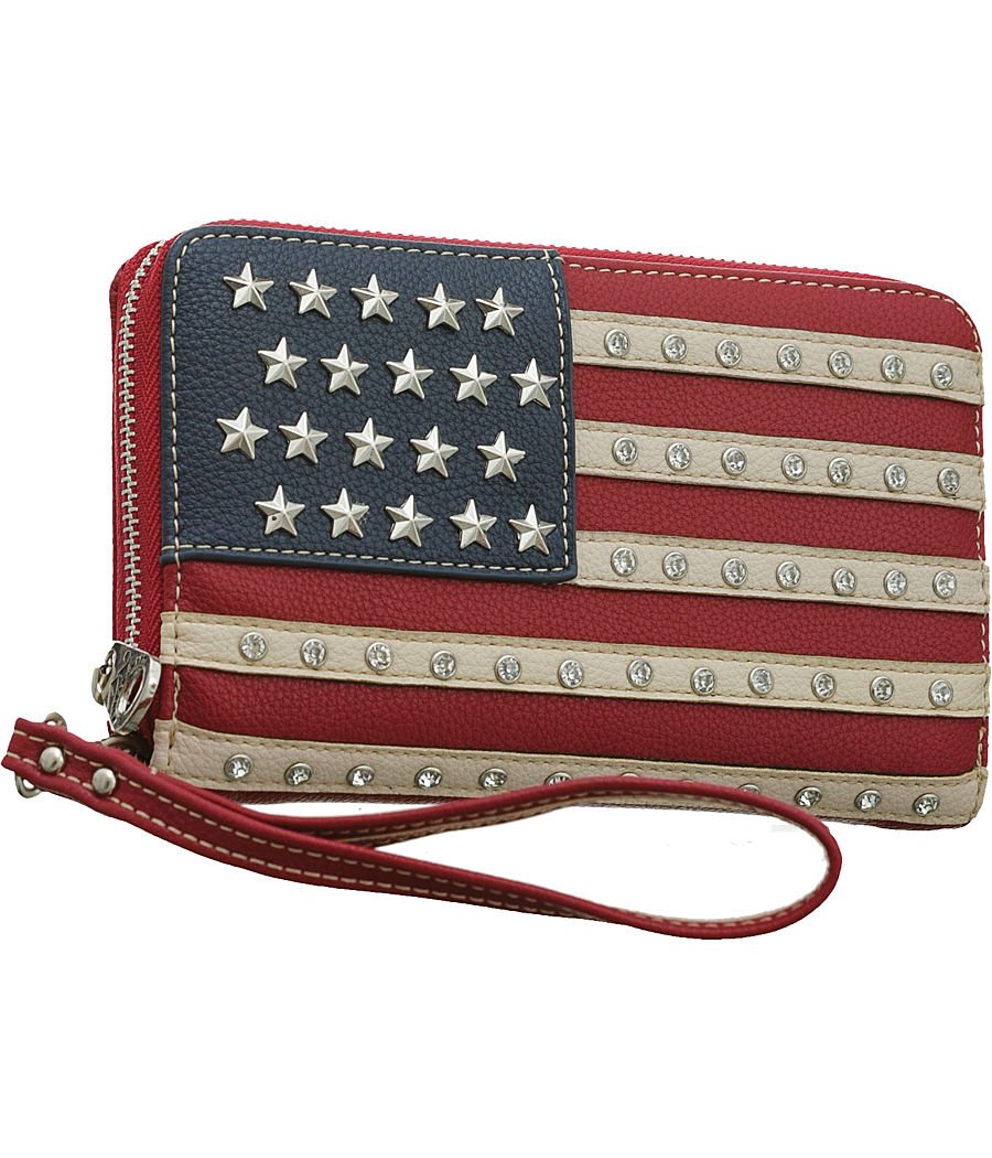 Studded American Flag Red Zip-Around Wristlet Wallet