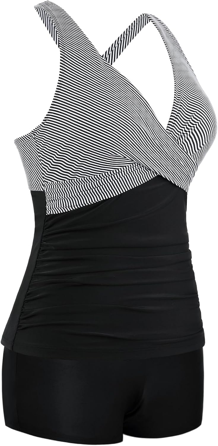 Firpearl Underwire Tankini Swimsuits for Women V Neck Twist Tankini with Shorts Tummy Control Two Piece Bathing Suits