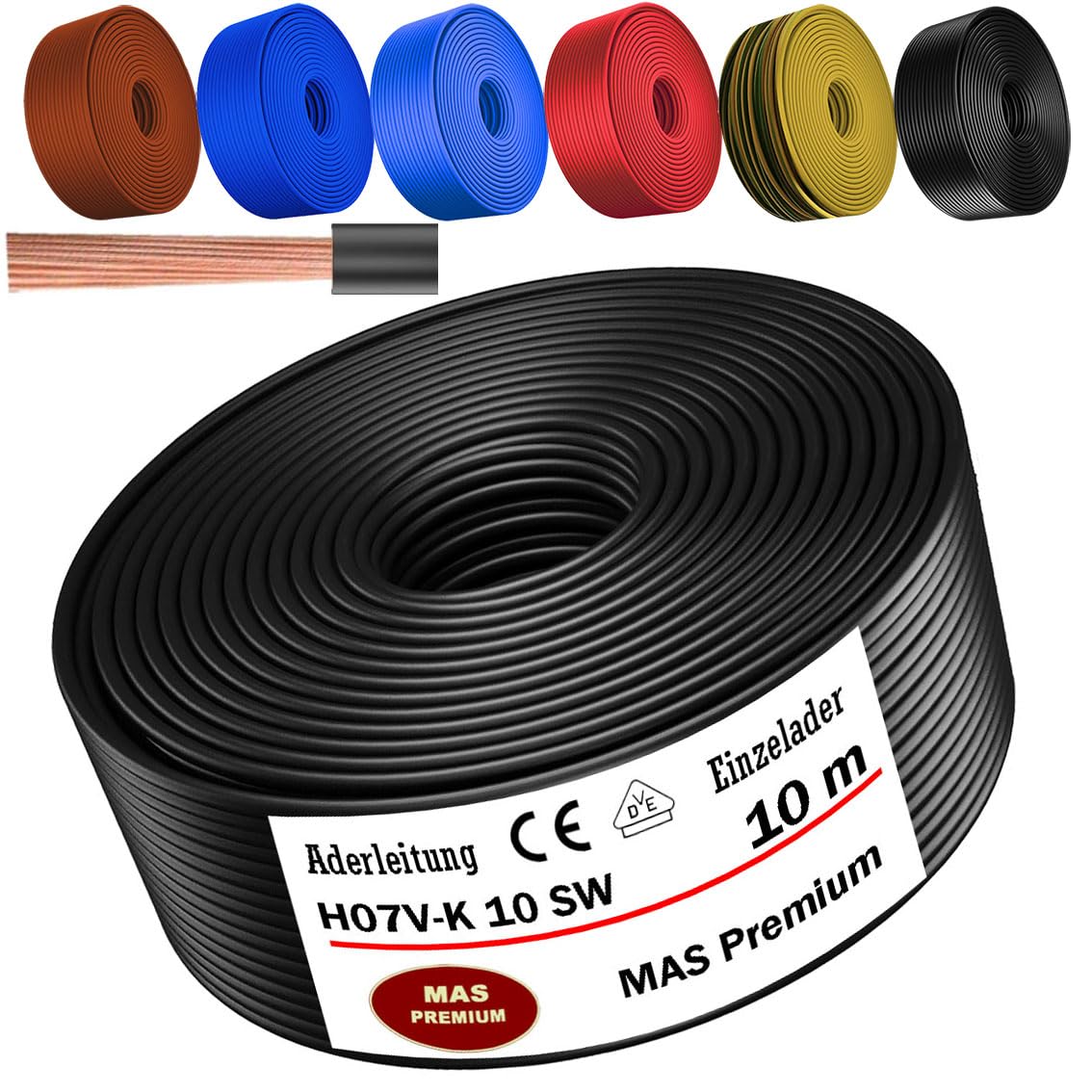 MAS Premium Von 5 bis 100m Aderleitung H07 V-K 10 mm² Schwarz, Braun, Dunkelblau, Grüngelb, Hellblau oder Rot Einzelader flexibel (Schwarz, 10m)