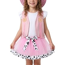 Toddler Cowgirl 3 Piece Outfit - Fringe Vest, Tutu Skirt, Ruffled T-shirt | Cowboy Set, Cow Print Trim Tulle Skirt, Soft Breathable Fabric, Wheel Embroidery Detail, Farm Visits, Western Themed Party