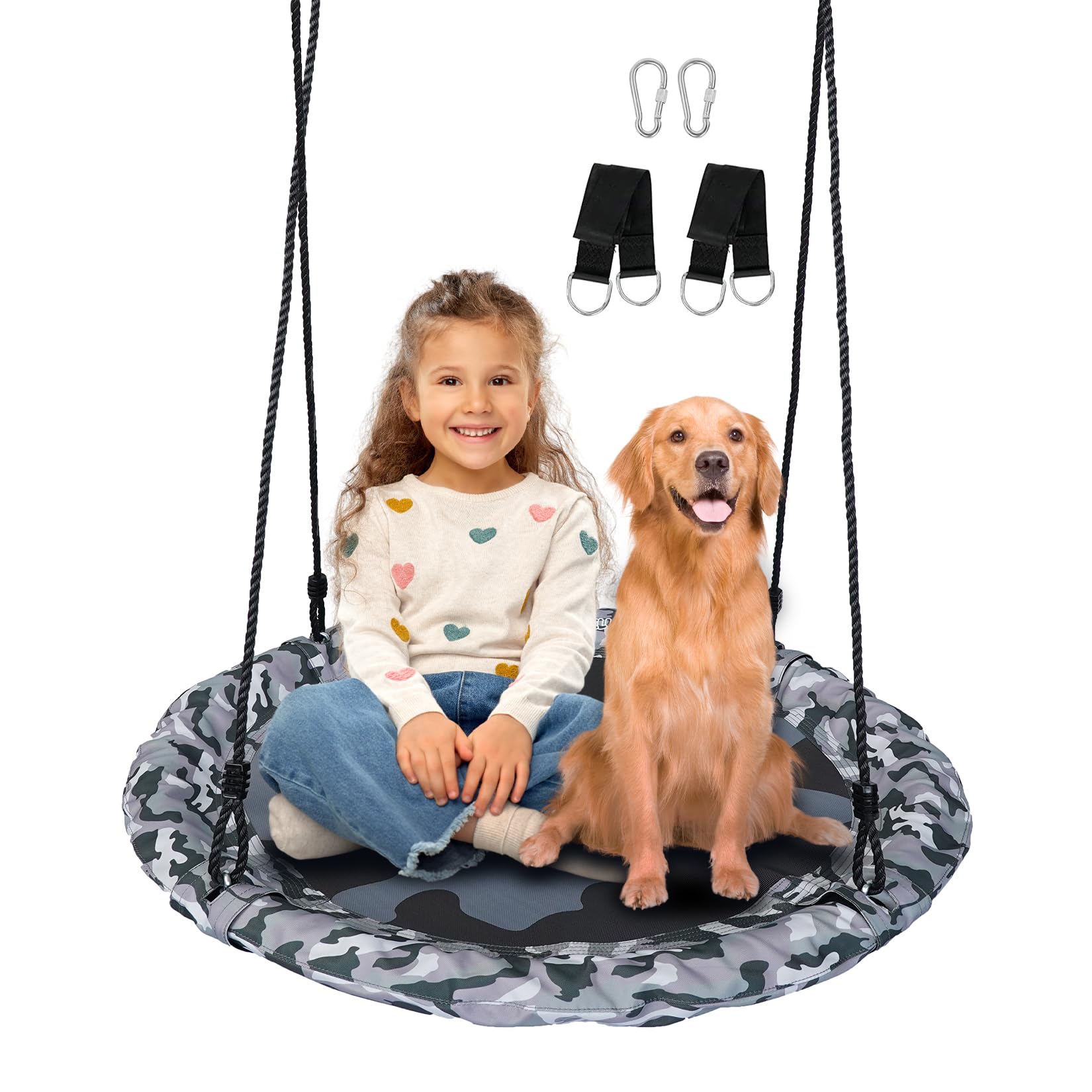 JUNGLE WELL Nest Swing Seat for Kids - 100cm Heavy Duty 900D Oxford Fabric, 160KG Capacity, Adjustable Tree Straps & 2 Carabiners | UKCA & CE Certified for Indoor & Outdoor Use (Camo)