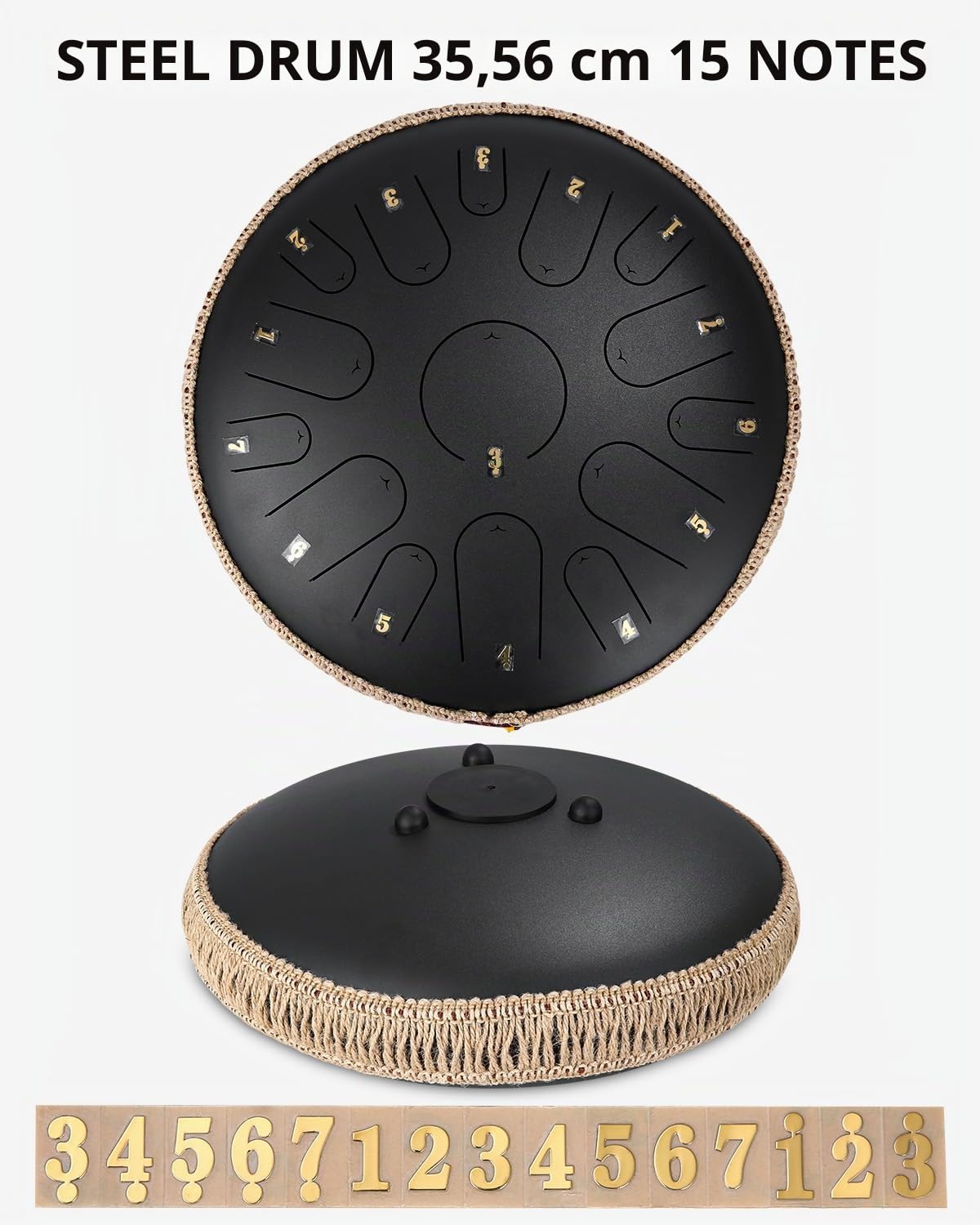 heuchaey Steel Tongue Drums,14 Pouces 15 Tons Tambour Handpan | Instrument de PercussionAvec le Sac,Des Maillets,Des Médiators,Livre de Musique Pour le pour la méditation,le yoga (Noir)