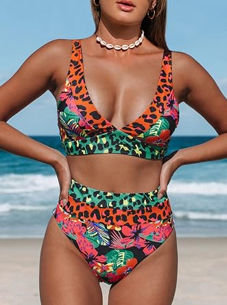 Hilinker Women's Leopard Bikini Swimsuits V Neck High Waisted 2 Piece Bathing Suits