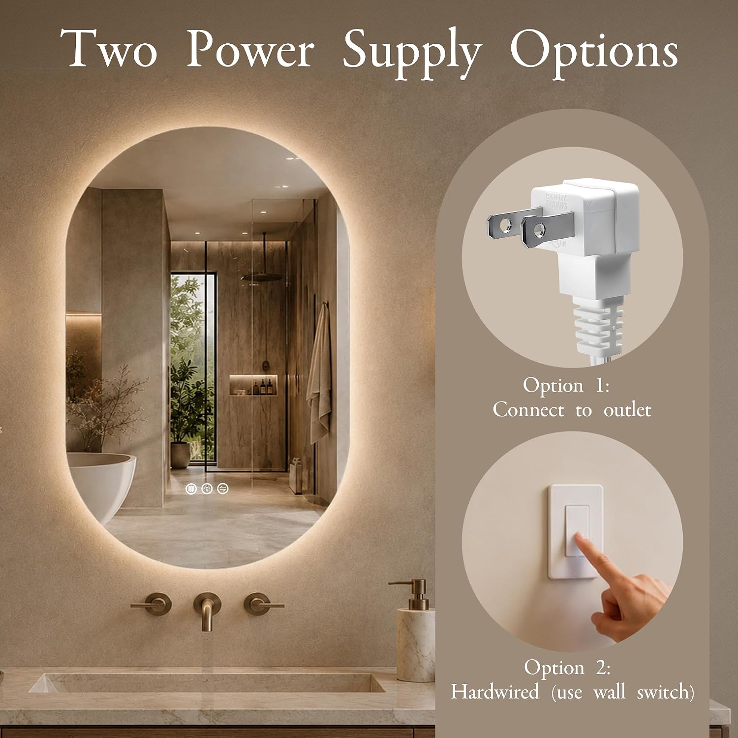 Pill-Shaped Backlit LED Mirror 24"x36" – Anti Fog Dimmable 3-Color Temp