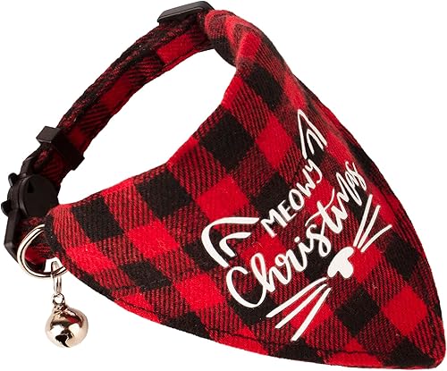 Miniatura 4 de ADOGGYGO - Collares de Navidad para gatos con campana, desmontables, paquete de 2, collares ajustables de Navidad a cuadros rojo y verde para gatos
