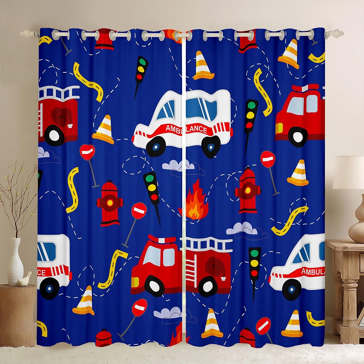 Bedluxy Fire Truck Car Window Curtains Cartoon Fire Truck Blackout Curtains For Kids Fire Engine Darkening Dreapes Cartoon Ambulance Car Window Treatments W46*L72
