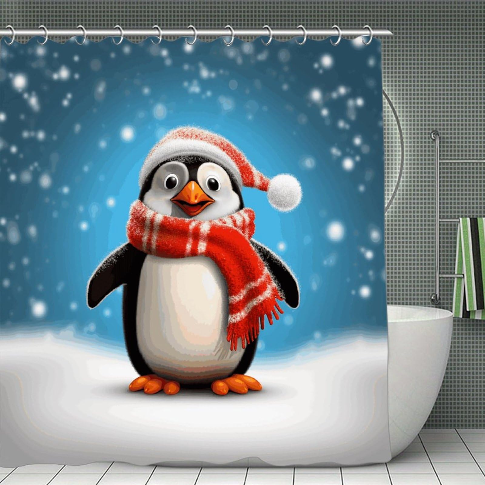 JTREHY Christmas Funny Penguin Shower Curtain Heavy Duty Waterproof Shower Curtain Elegant Modern Farmhouse Country Ultra Thick Bath Curtains Machine Washable Showers Curtains 70.8"x70.8"