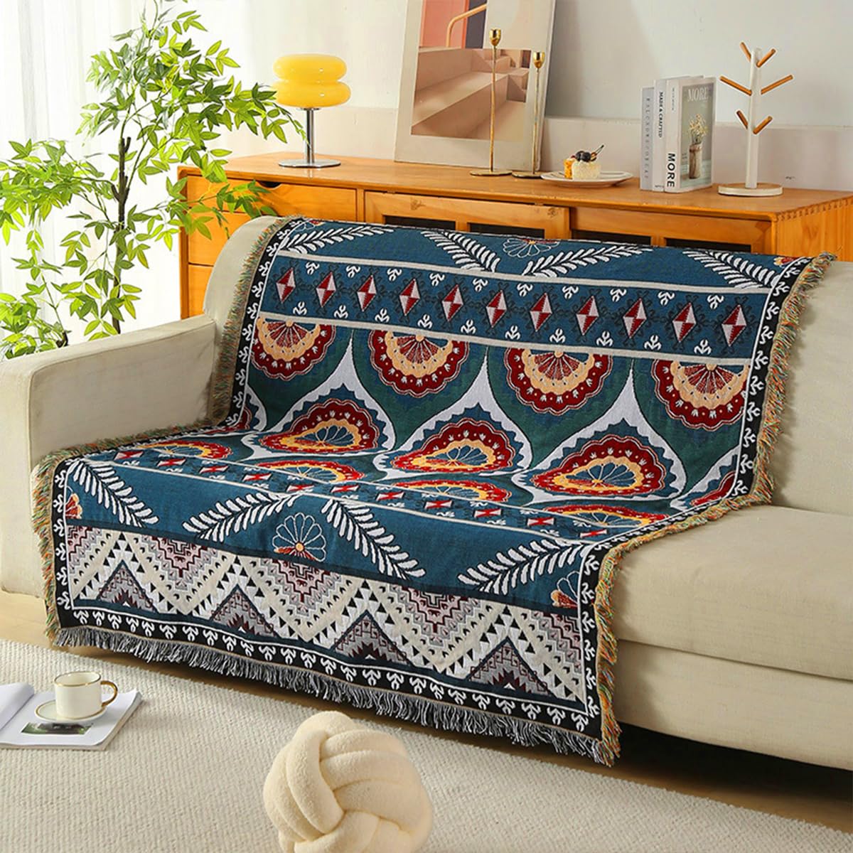 LumiSyne Manta tejida de algodón de doble cara con borlas, estilo bohemio de la selva, chal multifunción, manta decorativa para sofá, cama, sillón, camping, mantel, 160 x 130 cm