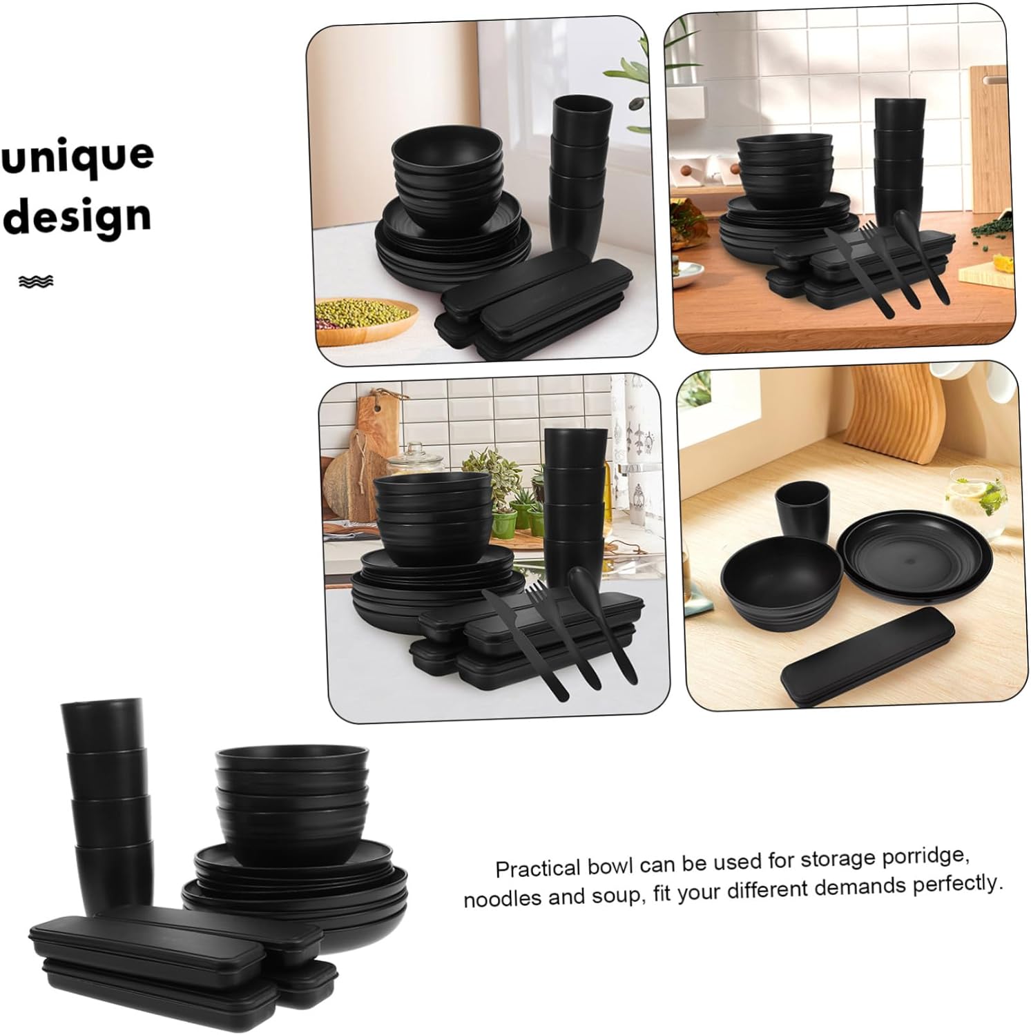 4sets Camping Utensil Black Tableware Cutlery for Lunch Box Reusable Easy to Clean Compact