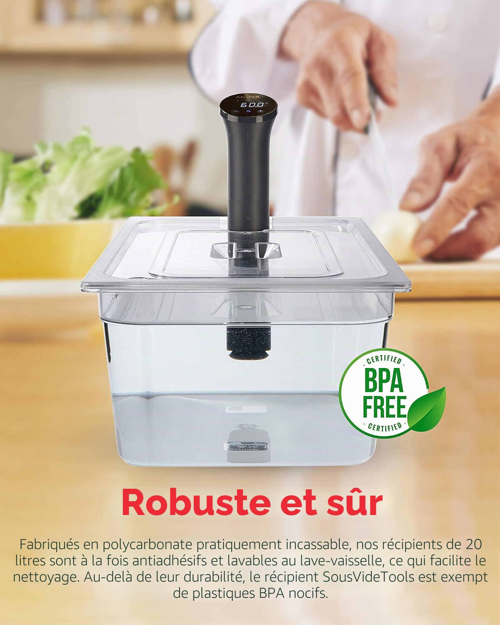 SousVideTools Récipient Transparent en Polycarbonate avec Couvercle Découpé sur Mesure pour Cuiseur sous Vide Anova Nano sans Bpa, Antiadhésif, Passe au Lave-Vaisselle 20 l