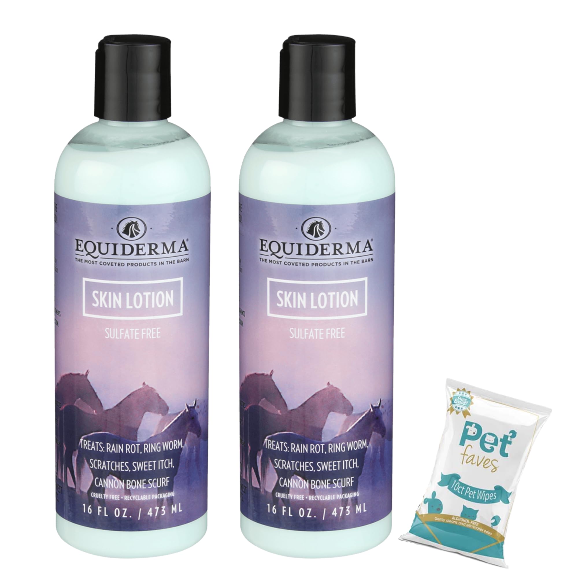 (2 Pack) Equiderma Horse Skin Lotion for Rain Rot, Ringworm, Cannon Bone Scurf with 10ct Pet Faves Pet Wipes