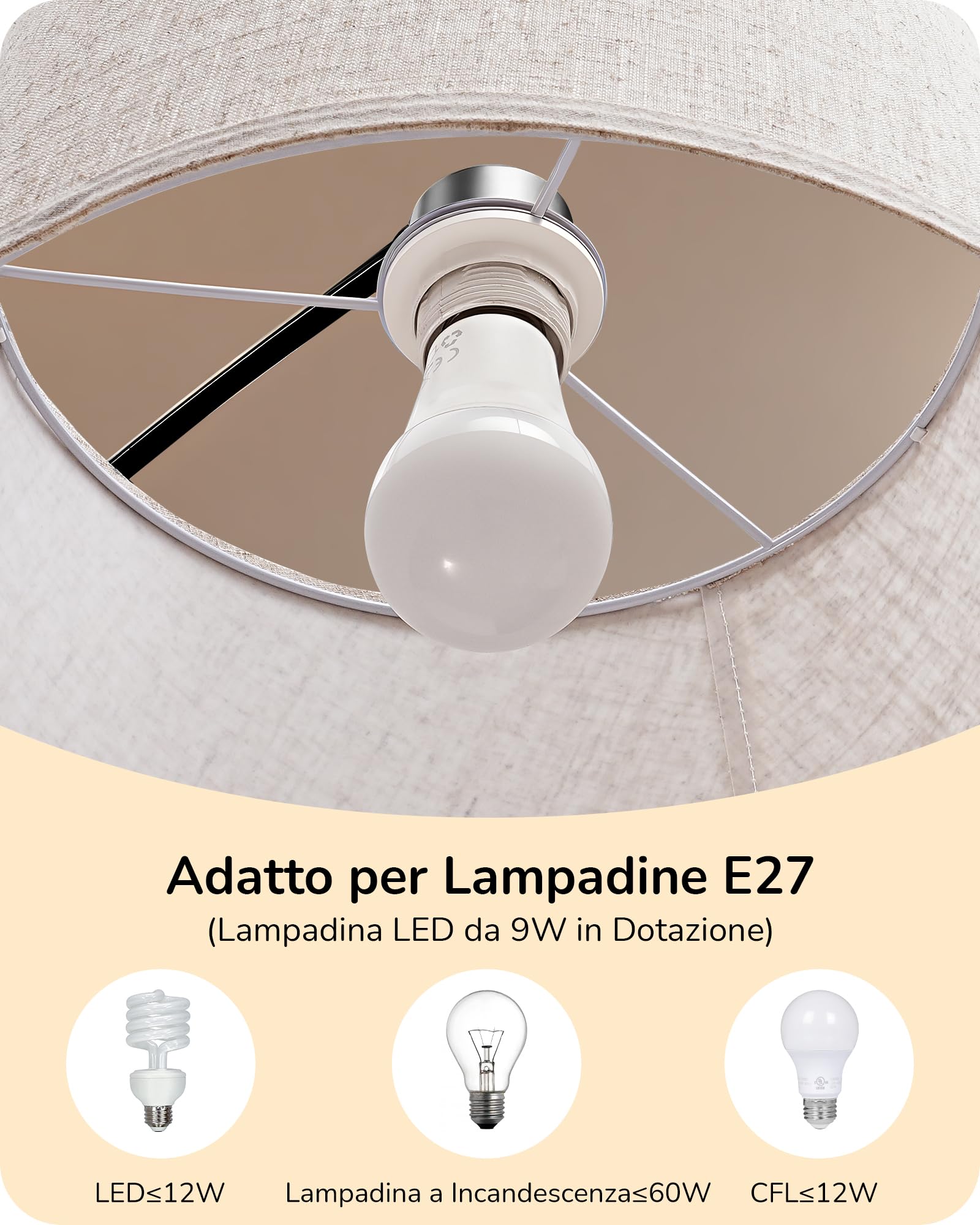 EDISHINE Lampada da Terra per Soggiorno, Altezza Regolabile 143-176 cm, Lampada ad Arco con Testa Rotante, Struttura in Metallo, Telecomando Magnetico, Dimmerabile, Attacco E27 con LED 9W Inclusa