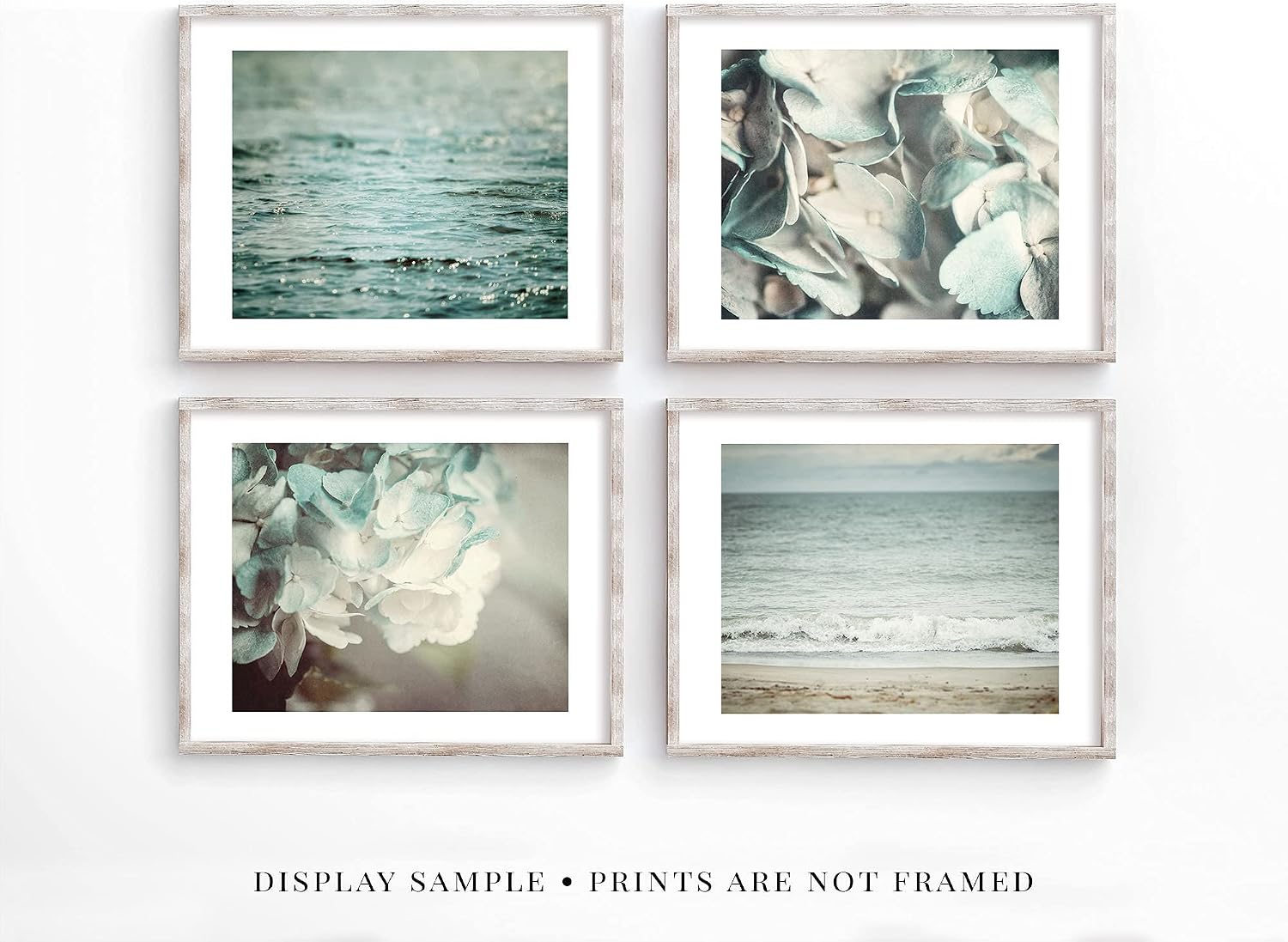LISA RUSSO FINE ART - Pastel Blue Coastal and Floral Wall Art Set of 4 8x10” Unframed Prints - Beach and Flower Photographs for Shabby Chic Bathroom, Bedroom, Nursery or Office Decor