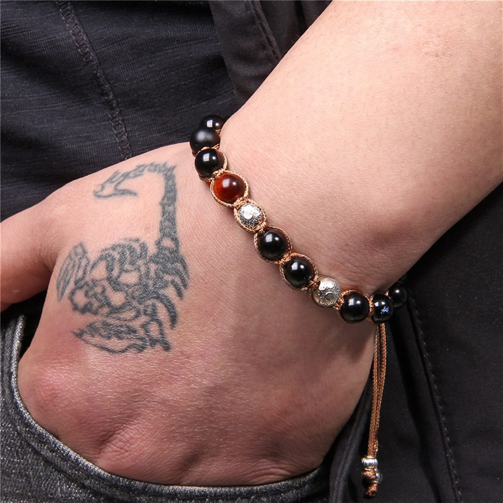 Naturstein-Armband, Vintage-Armband für Herren, handgefertigt, geflochten, polierte schwarze Onyx-Perlen, Armreif, natürliches rotes Tigerauge, gewebtes Armband, verstellbarer Schmuck, Armband-Schmuck