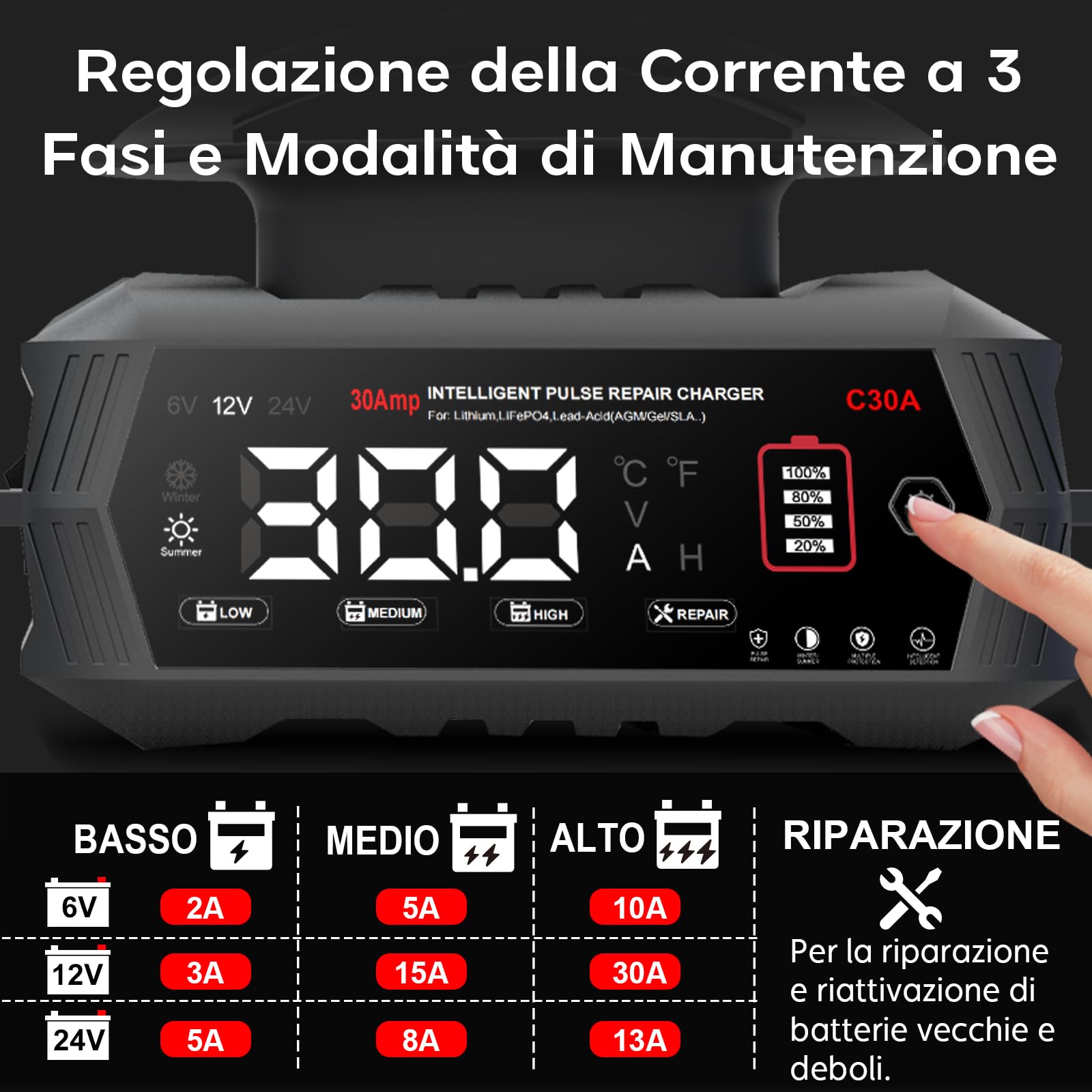 HTRC 30A Carica Batteria per Auto, 6V/12V/24V Caricabatterie Lifepo4, Caricabatterie Auto per Auto con Display LCD, Carica Batteria Auto per Barche SUV Litio LiFePo4 e Piombo Acido(AGM, GEL, WET)