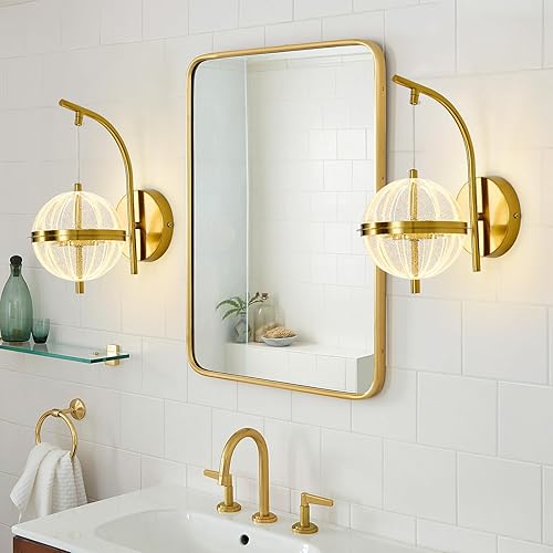 Miniatura 6 de UOFUS Aplique de pared dorado con pantalla acrílica de globo de mediados de siglo, moderna lámpara de pared LED de 12 W, 3000 K/4000 K/6000 K,